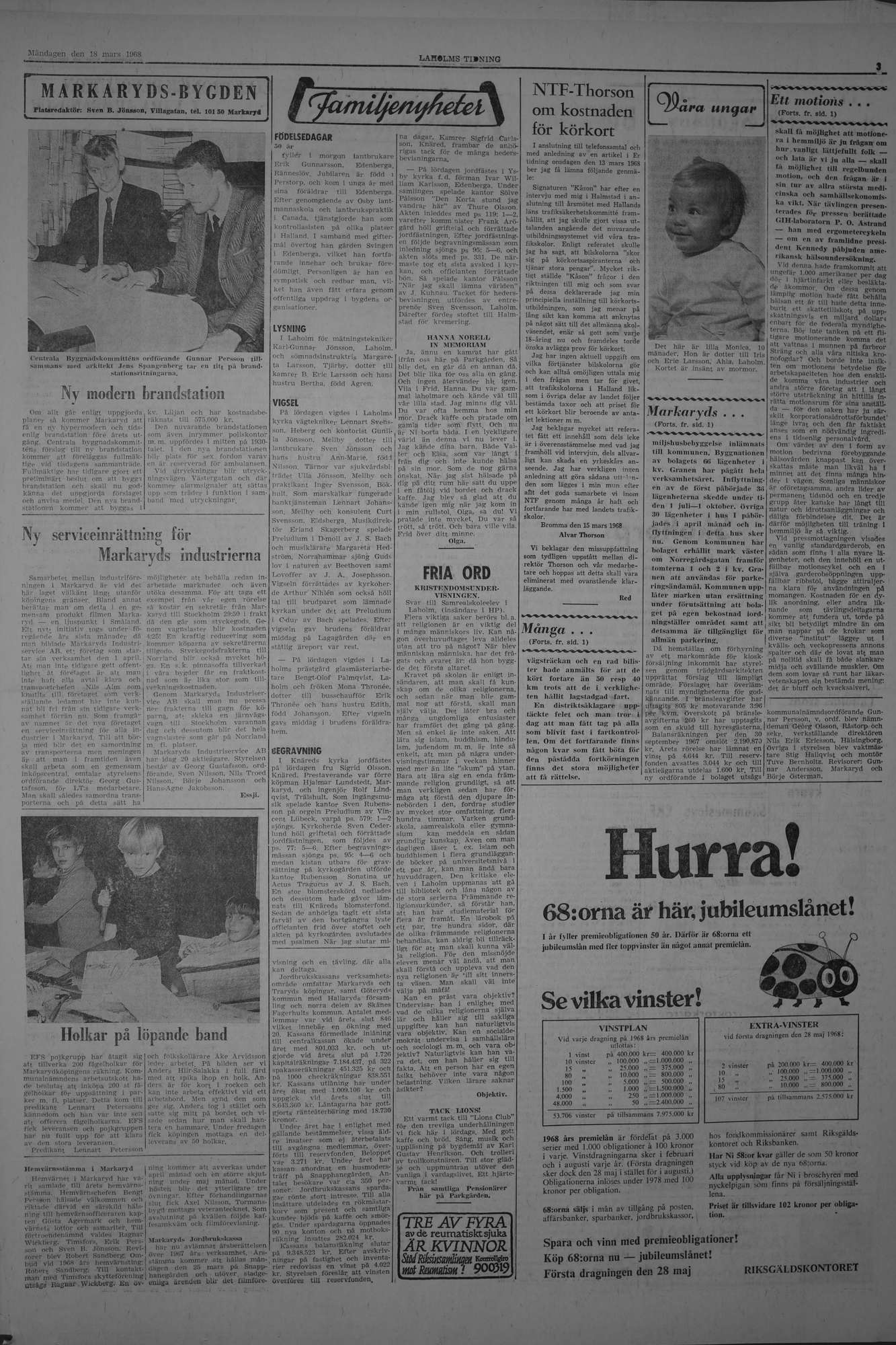 Laholms Tidning Måndag 18 mars 1968, sida 3