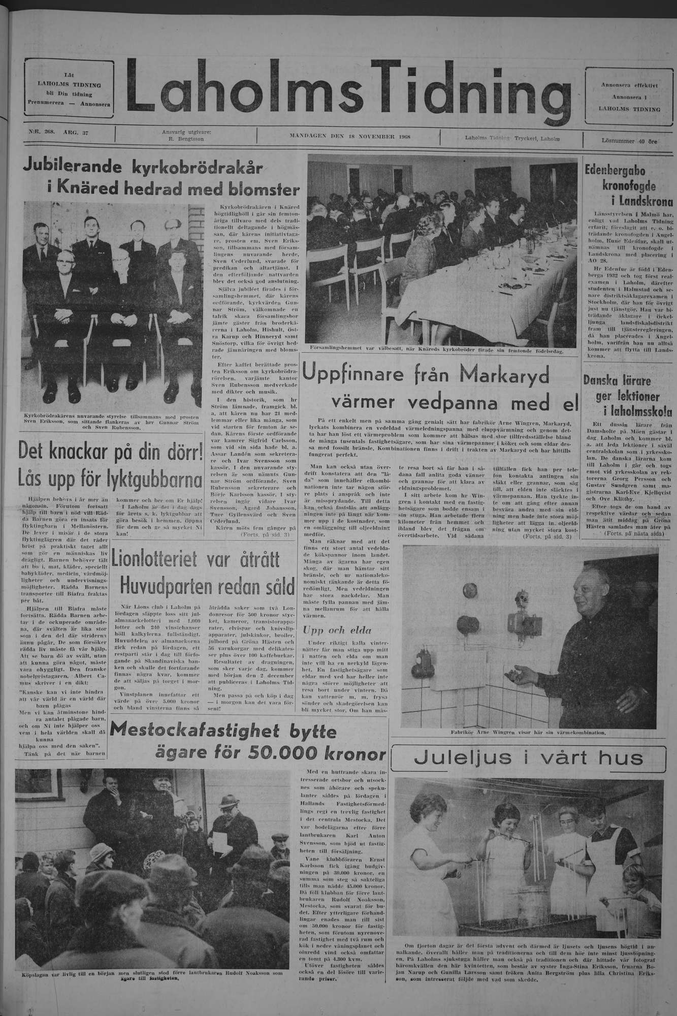 Laholms Tidning Måndag 18 november 1968, sida 1