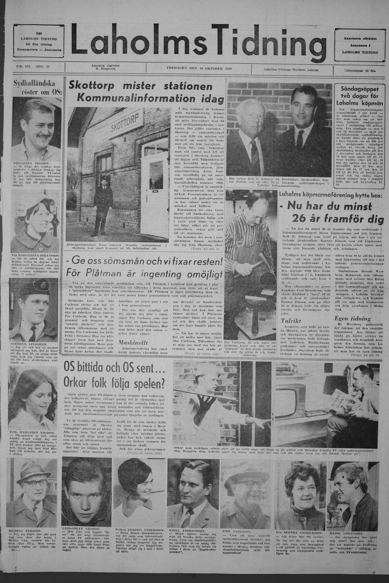 Laholms Tidning Fredag 18 oktober 1968, sida 1