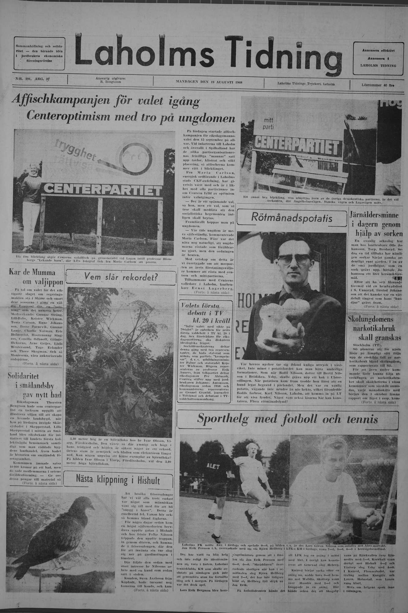 Laholms Tidning Måndag 19 augusti 1968, sida 1