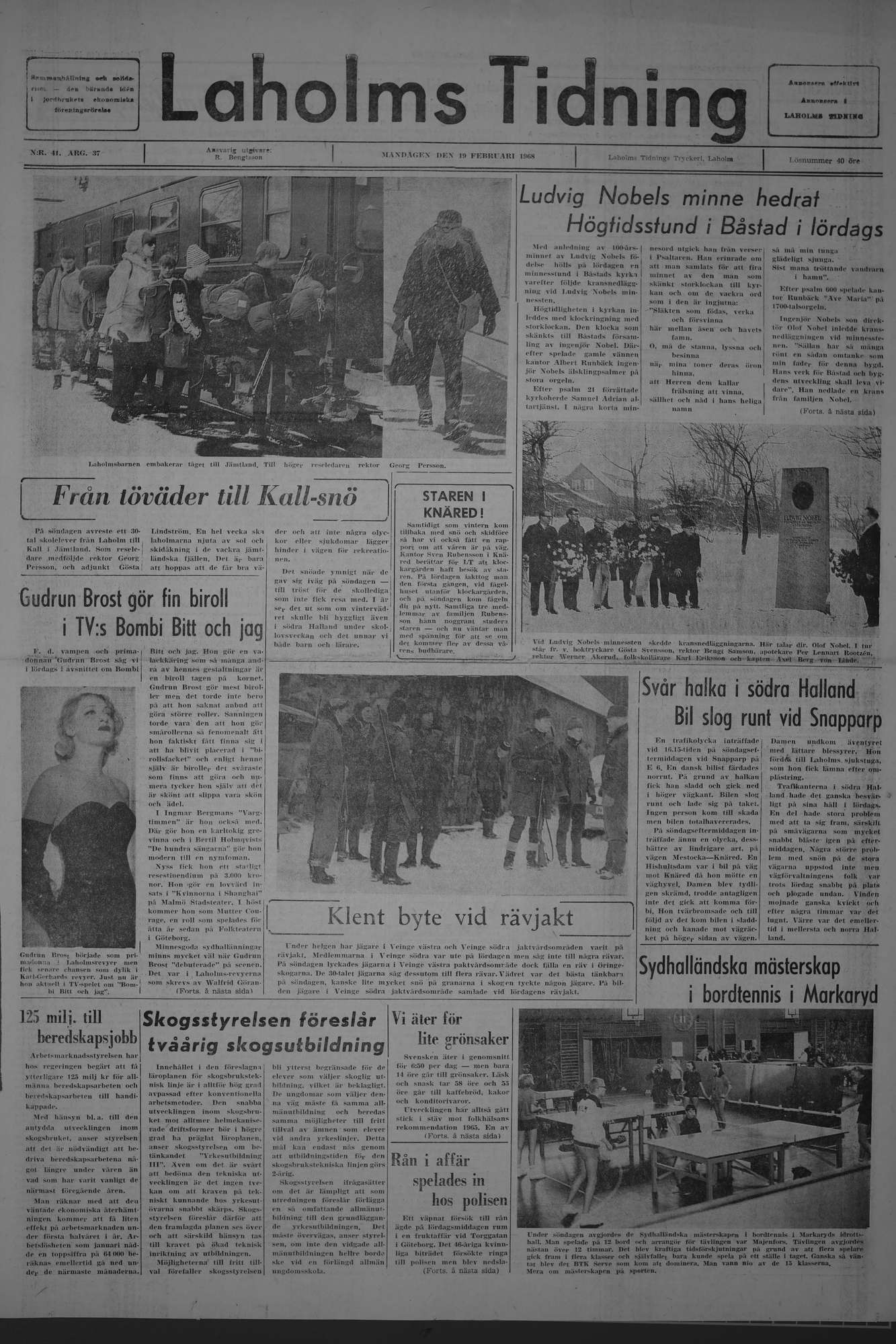 Laholms Tidning Måndag 19 februari 1968, sida 1