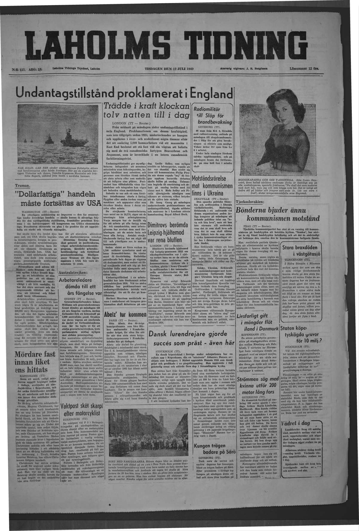 Laholms Tidning Tisdag 12 juli 1949, sida 1