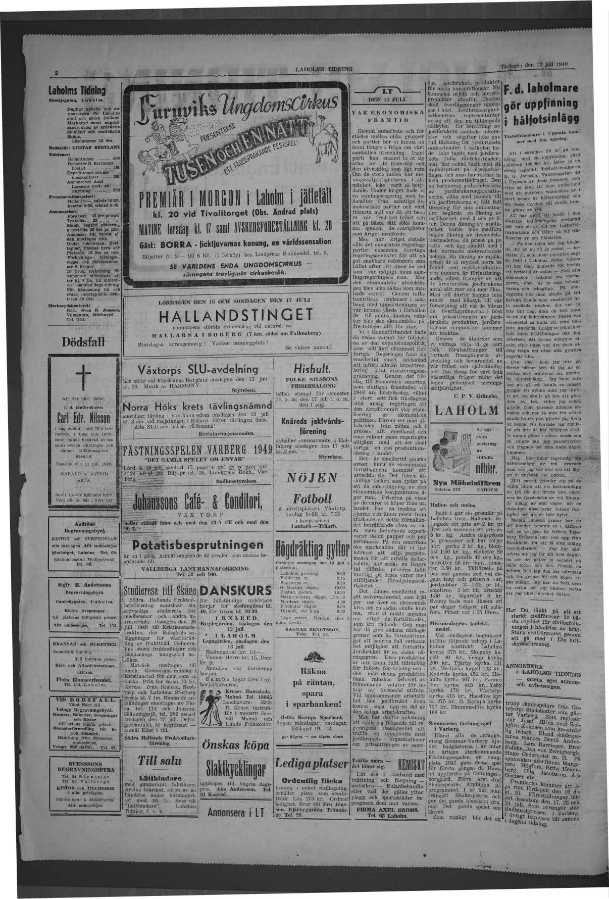 Laholms Tidning Tisdag 12 juli 1949, sida 2