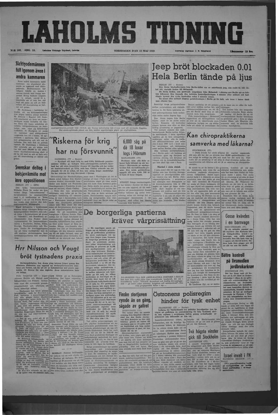 Laholms Tidning Torsdag 12 maj 1949, sida 1