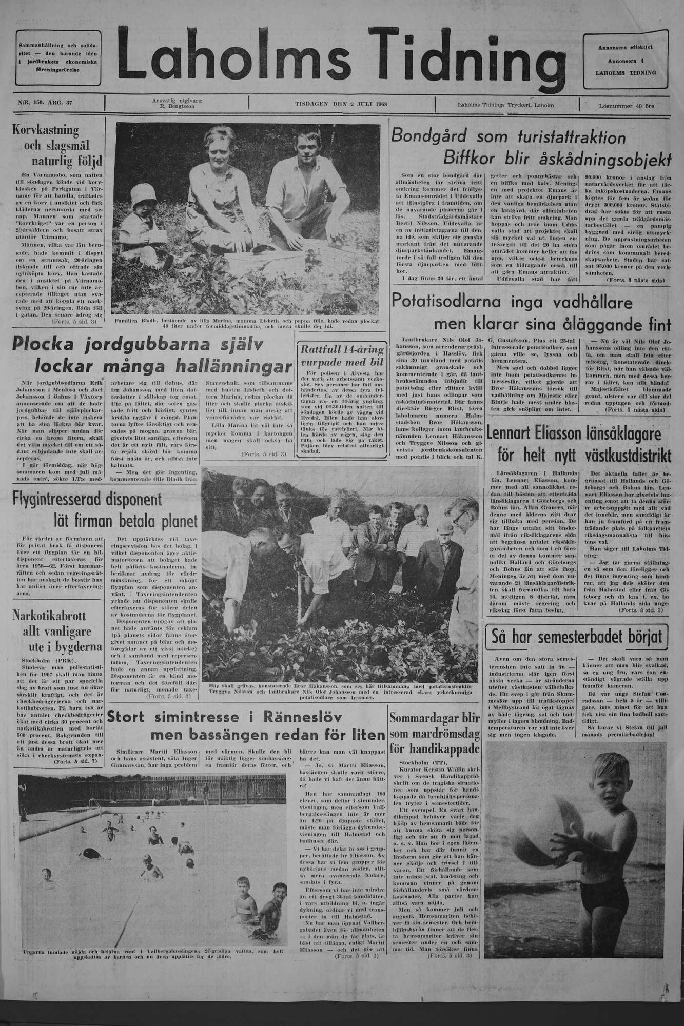 Laholms Tidning Tisdag 2 juli 1968, sida 1
