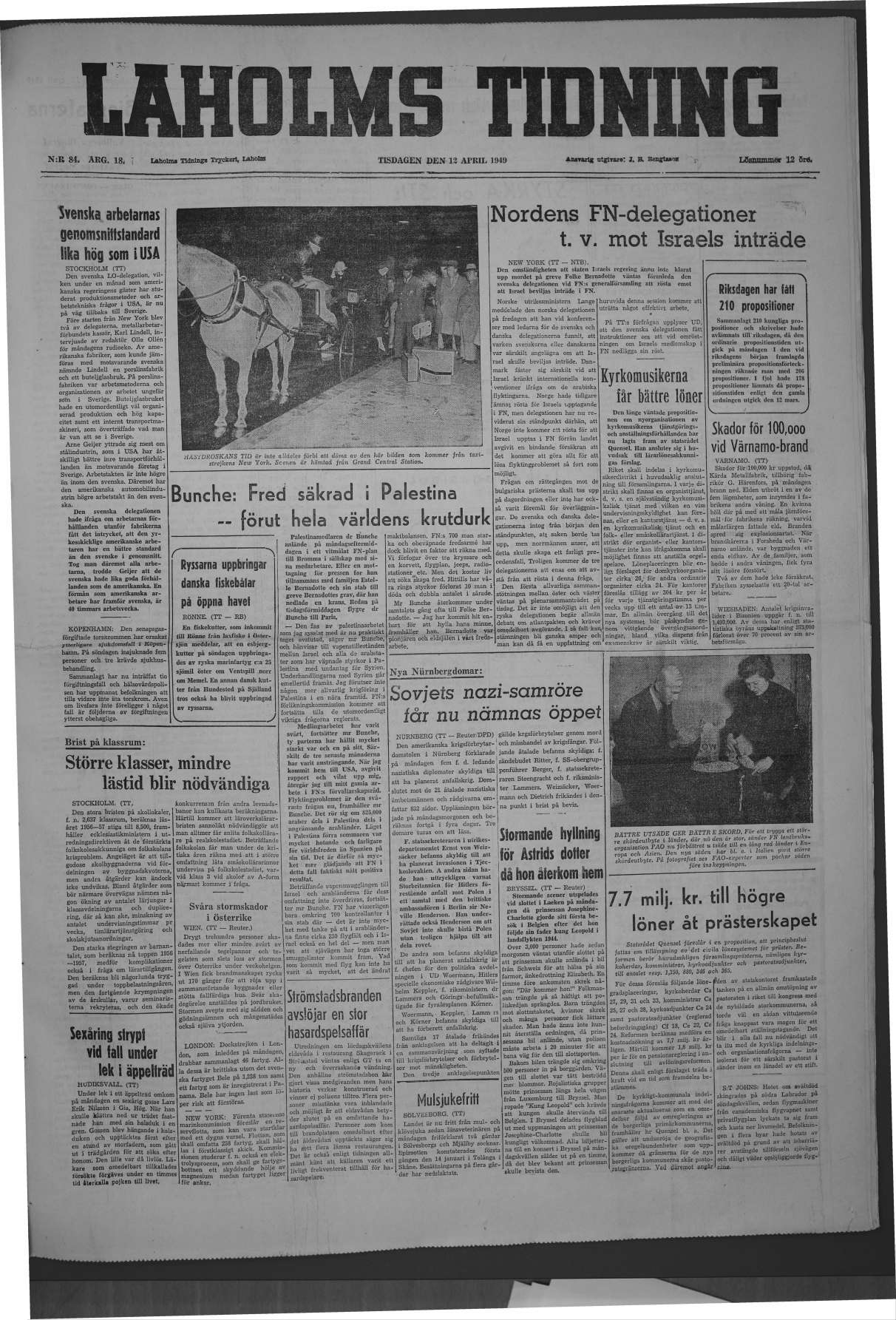 Laholms Tidning Tisdag 12 april 1949, sida 1