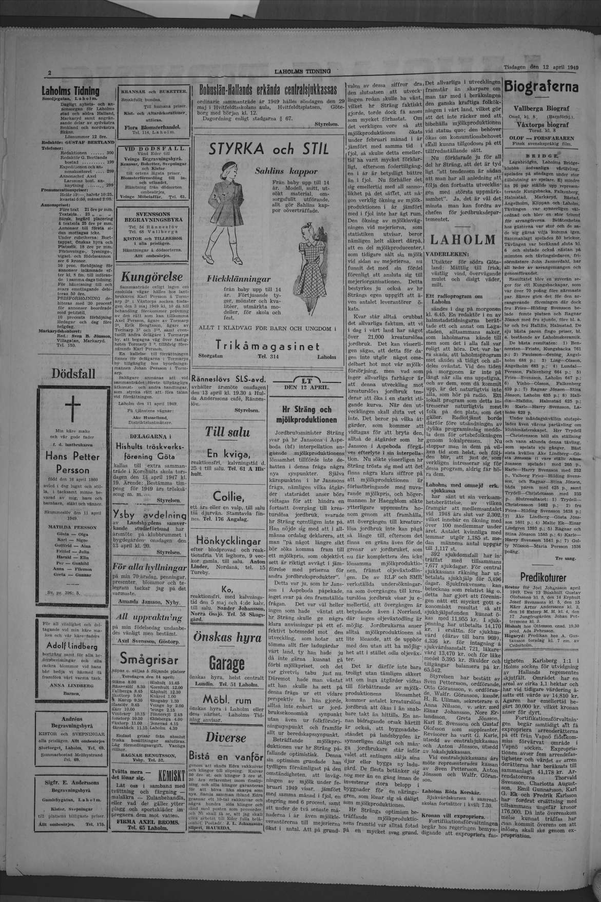 Laholms Tidning Tisdag 12 april 1949, sida 2