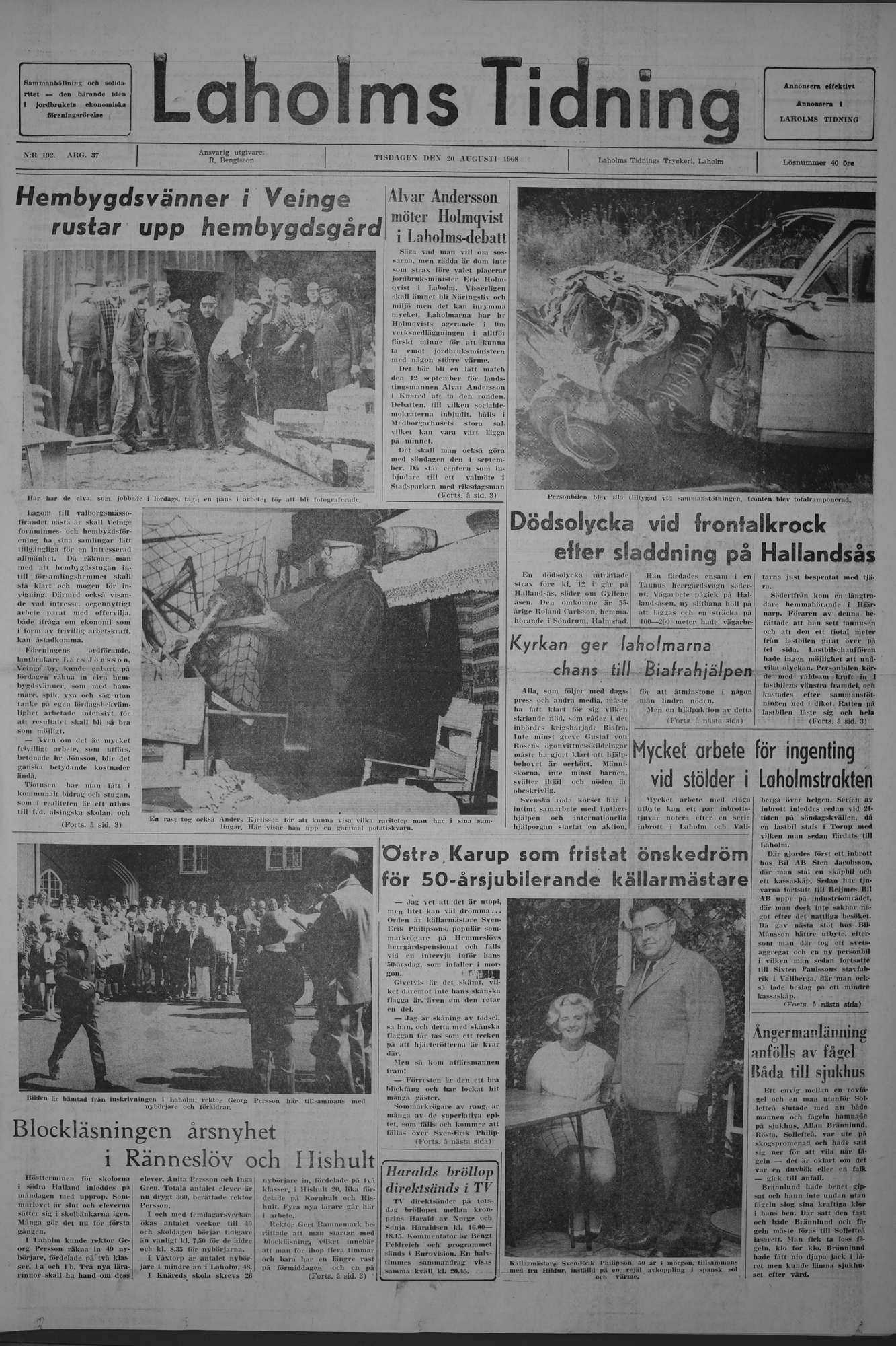 Laholms Tidning Tisdag 20 augusti 1968, sida 1