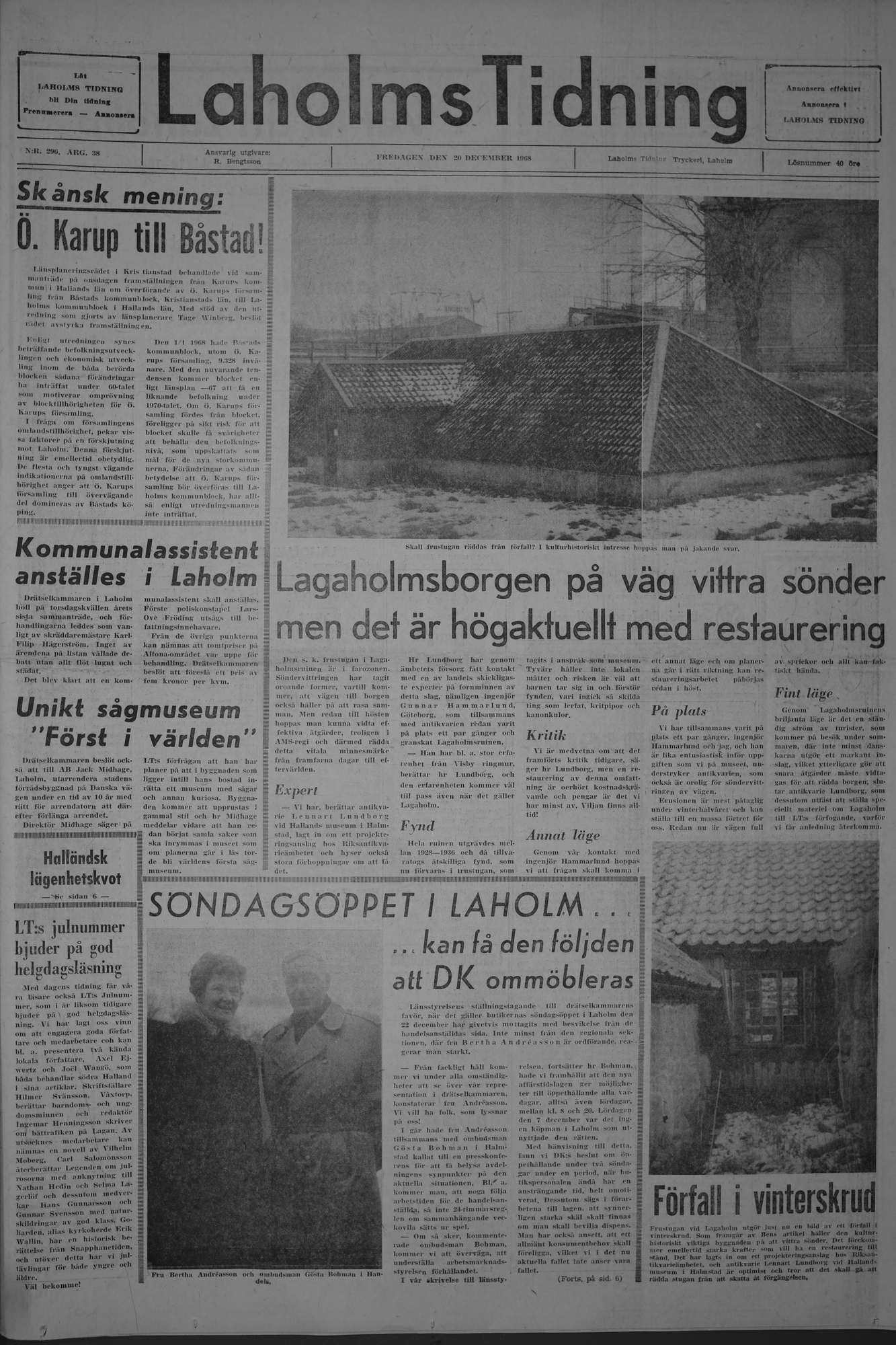 Laholms Tidning Fredag 20 december 1968, sida 1