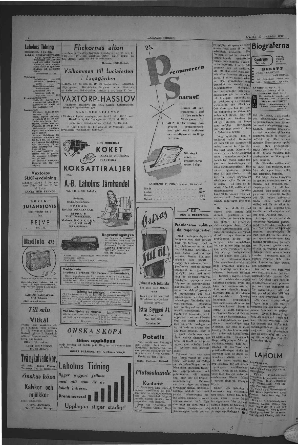 Laholms Tidning Måndag 12 december 1949, sida 2