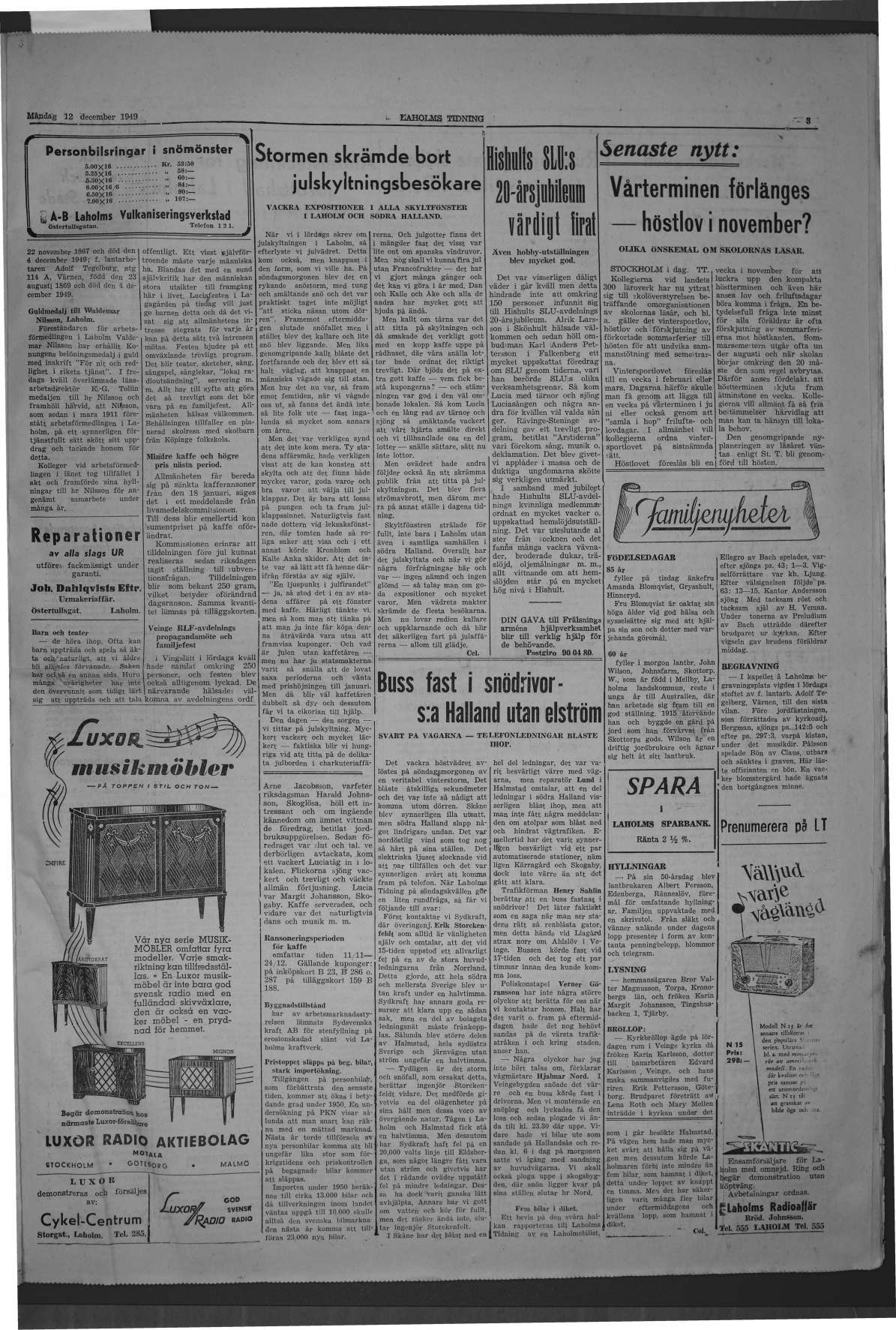 Laholms Tidning Måndag 12 december 1949, sida 3