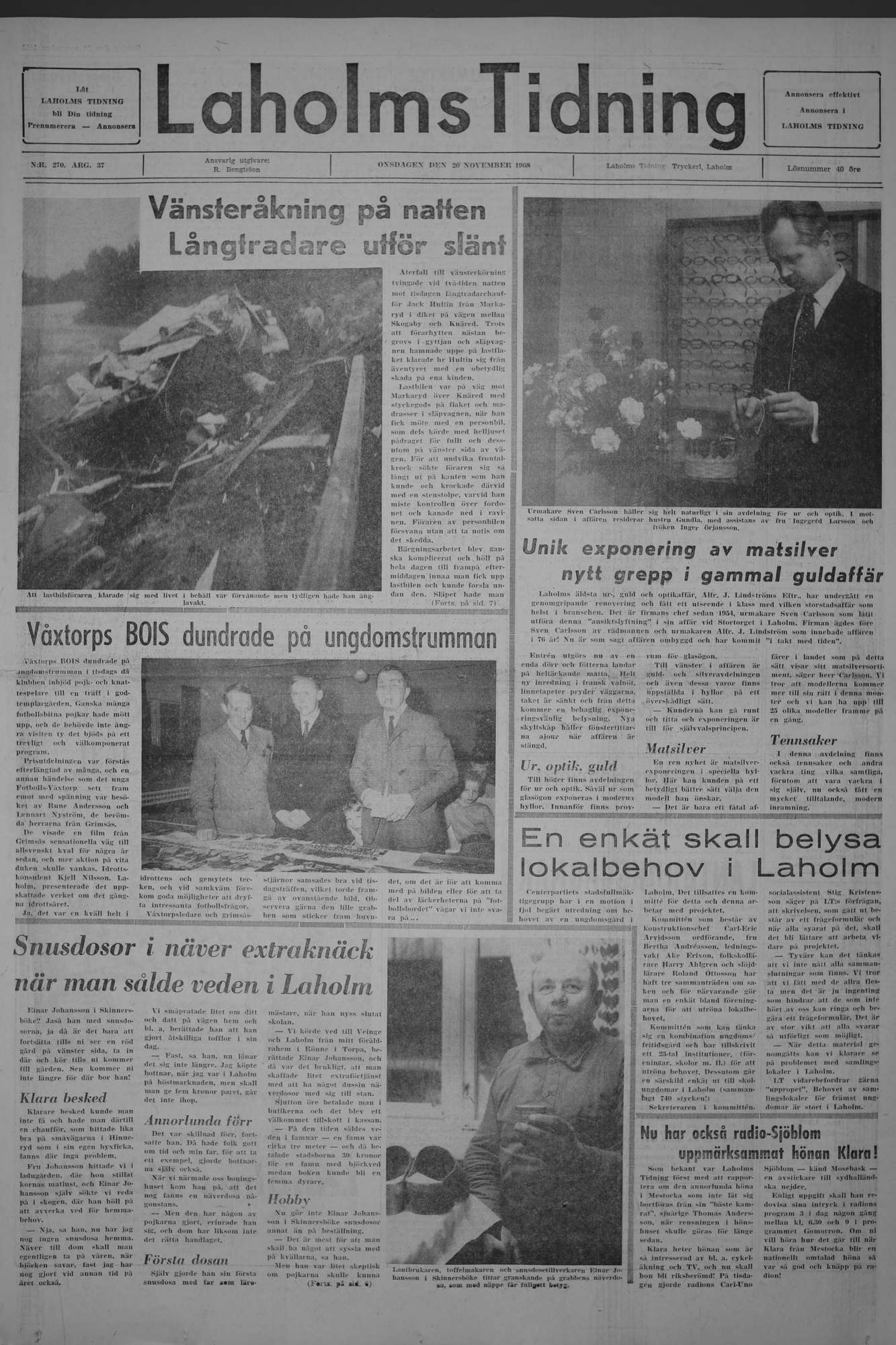 Laholms Tidning Onsdag 20 november 1968, sida 1