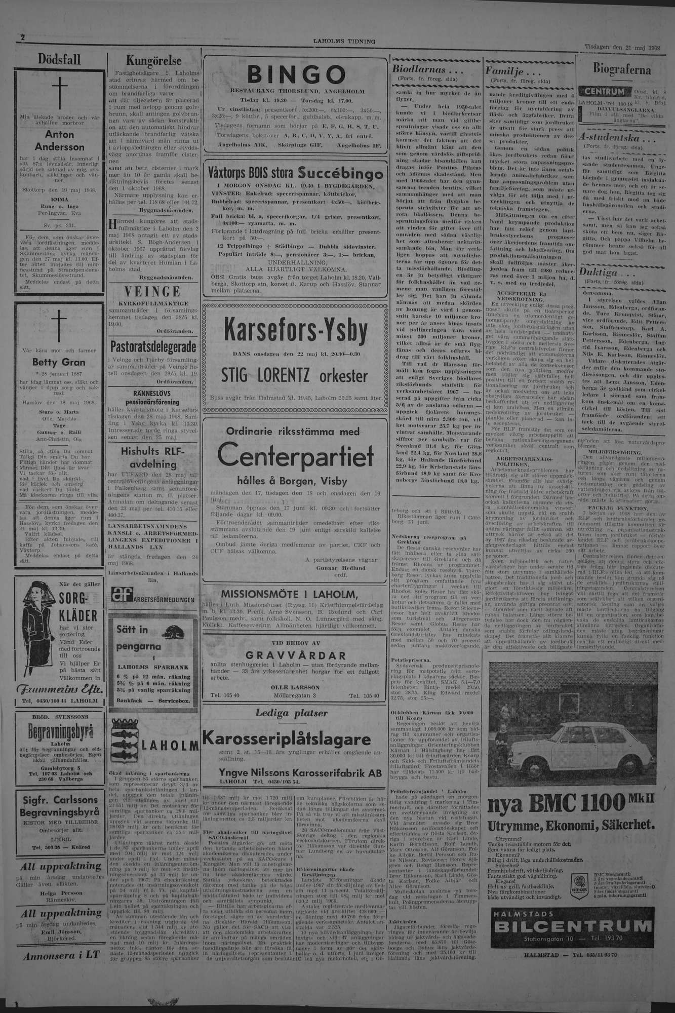 Laholms Tidning Tisdag 21 maj 1968, sida 2
