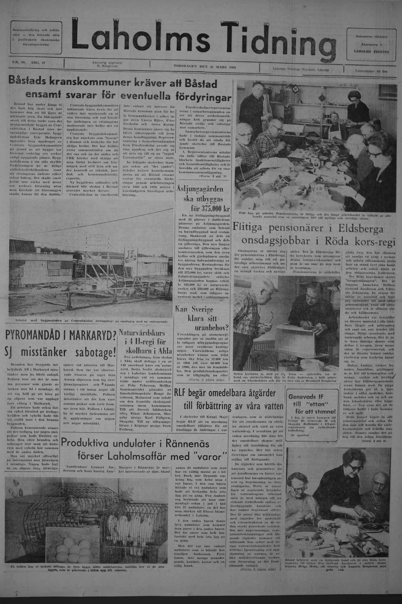 Laholms Tidning Torsdag 21 mars 1968, sida 1