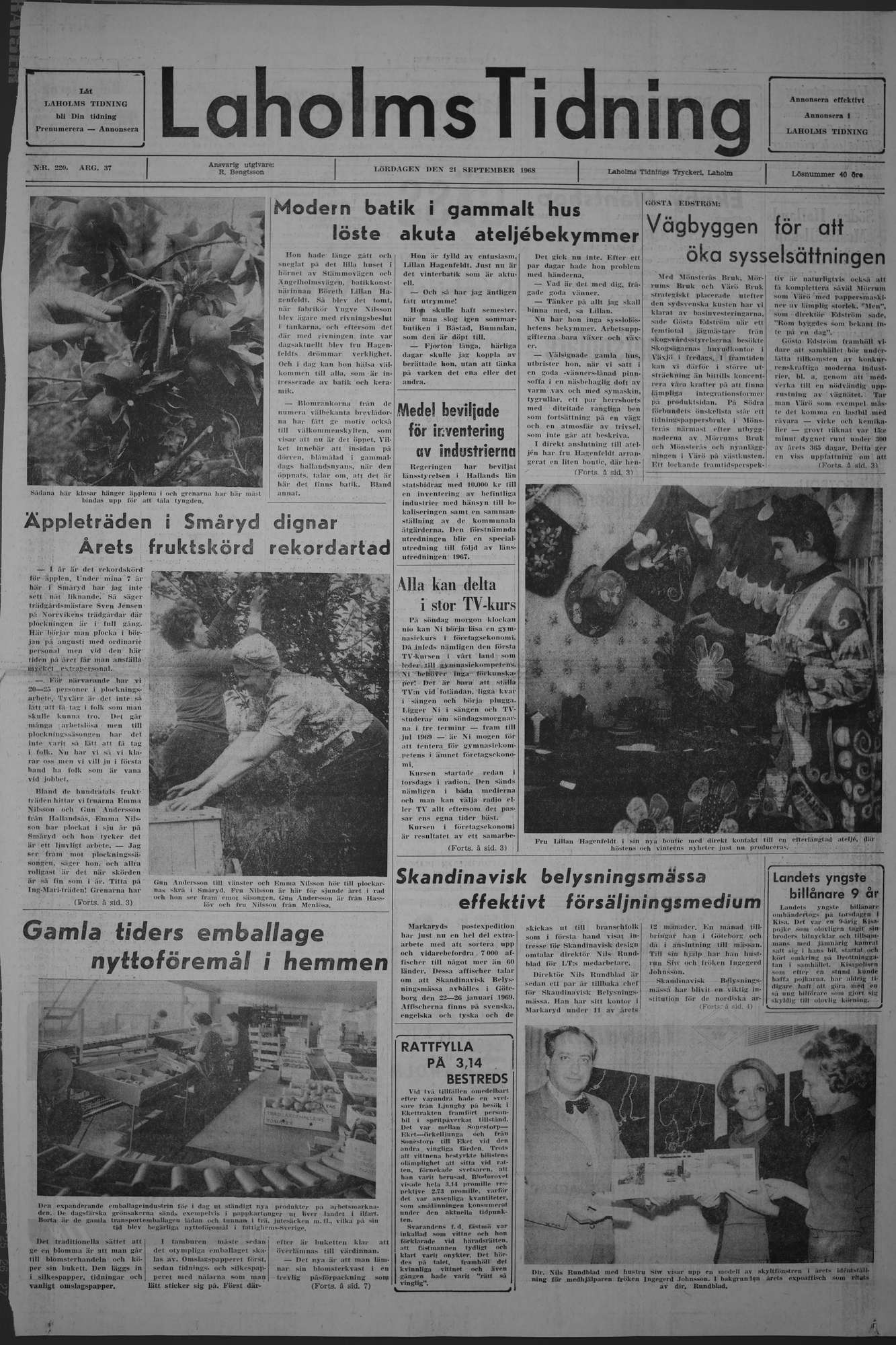 Laholms Tidning Lördag 21 september 1968, sida 1