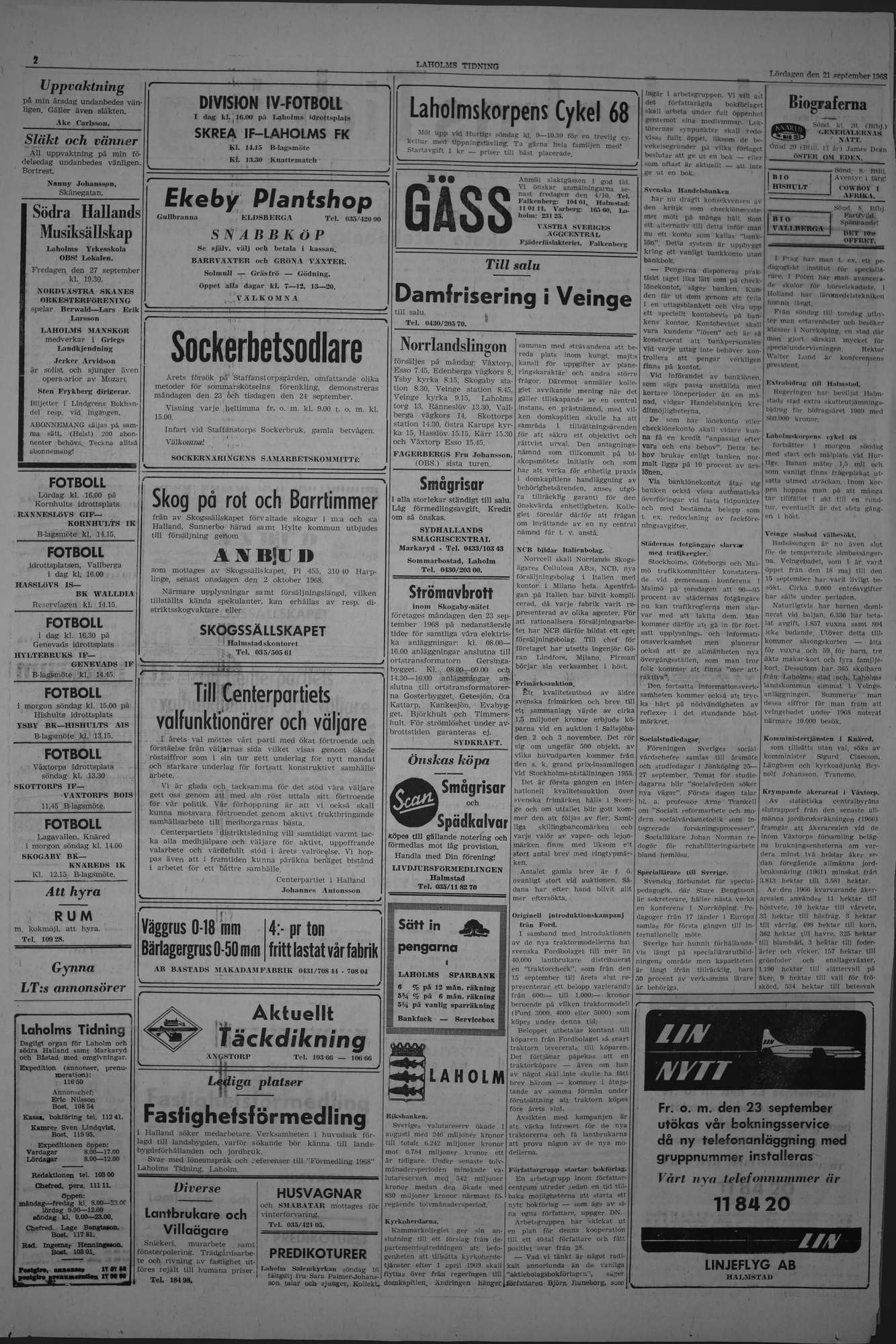 Laholms Tidning Lördag 21 september 1968, sida 2
