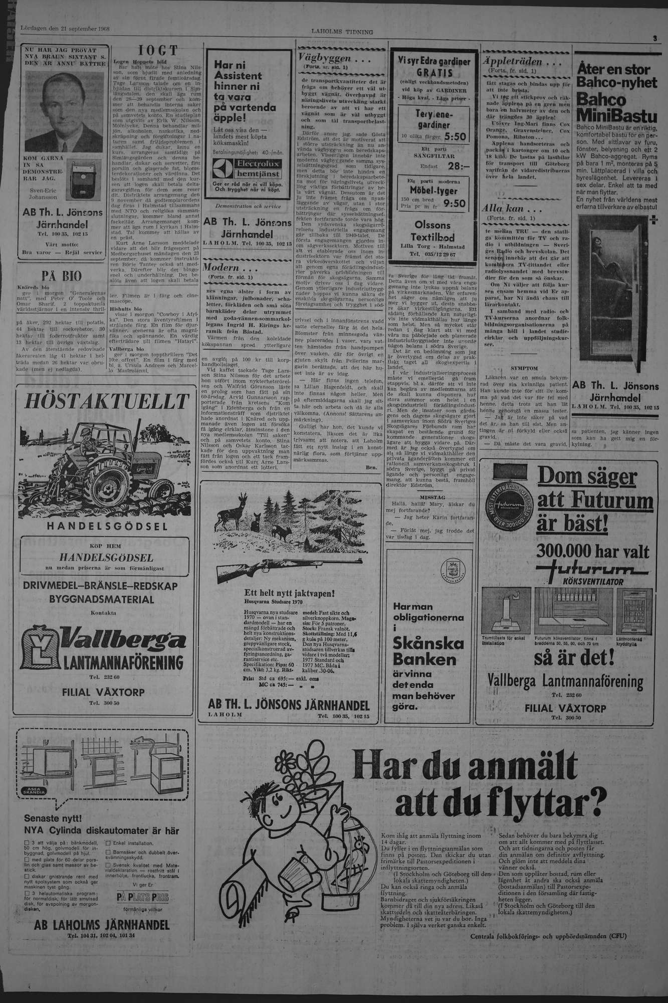 Laholms Tidning Lördag 21 september 1968, sida 3