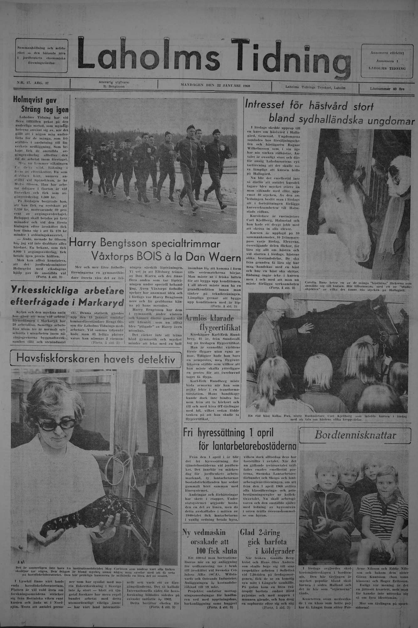 Laholms Tidning Måndag 22 januari 1968, sida 1