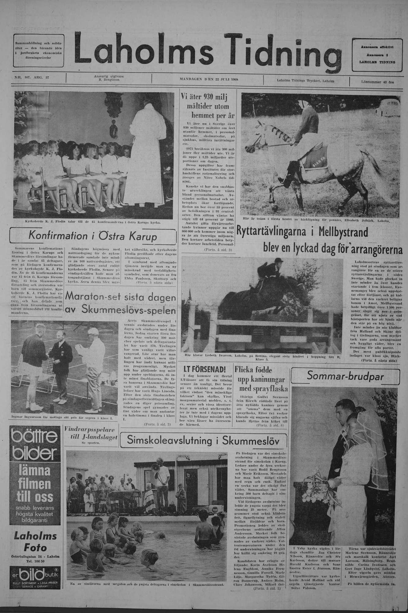 Laholms Tidning Måndag 22 juli 1968, sida 1