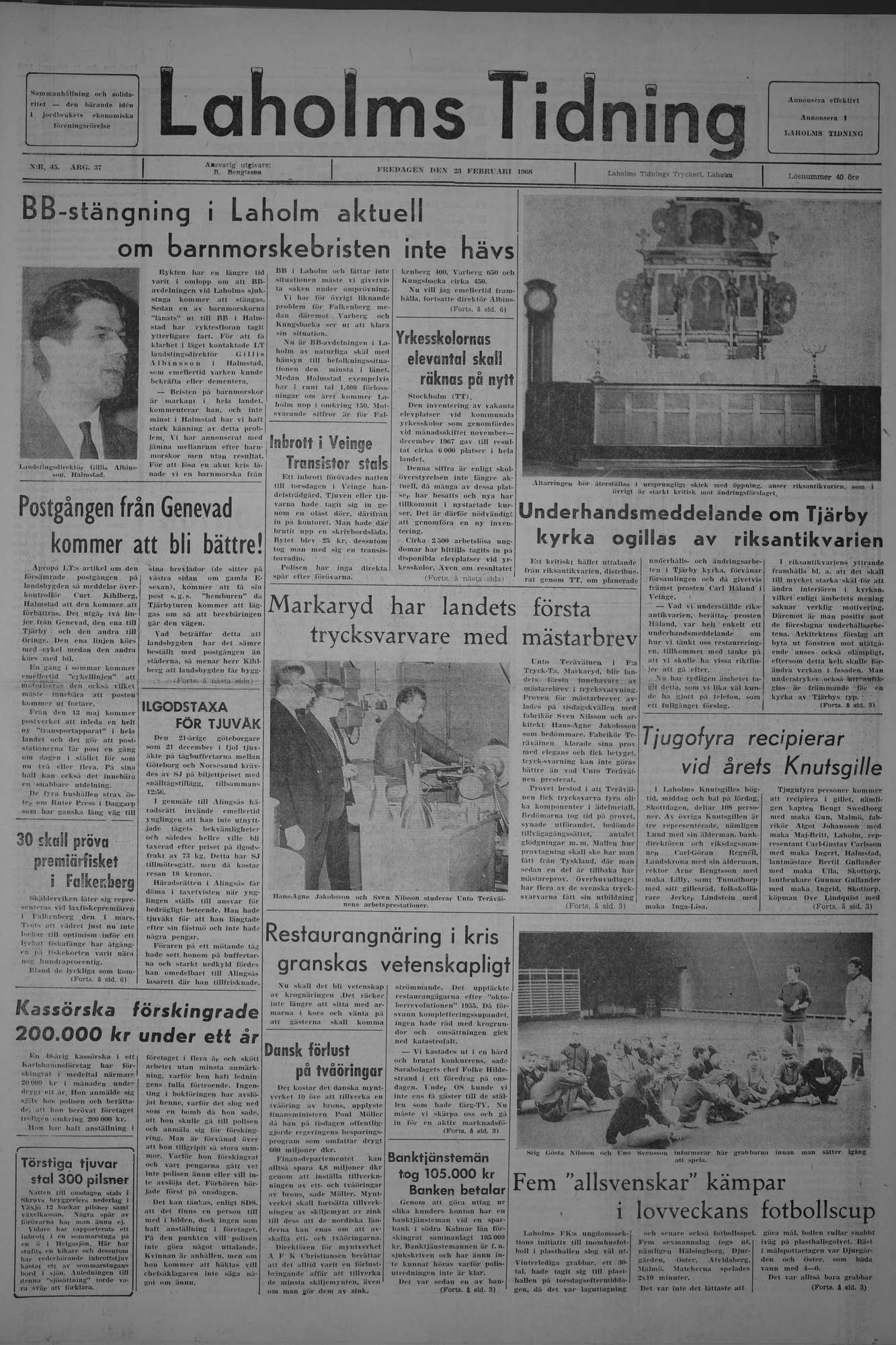 Laholms Tidning Fredag 23 februari 1968, sida 1