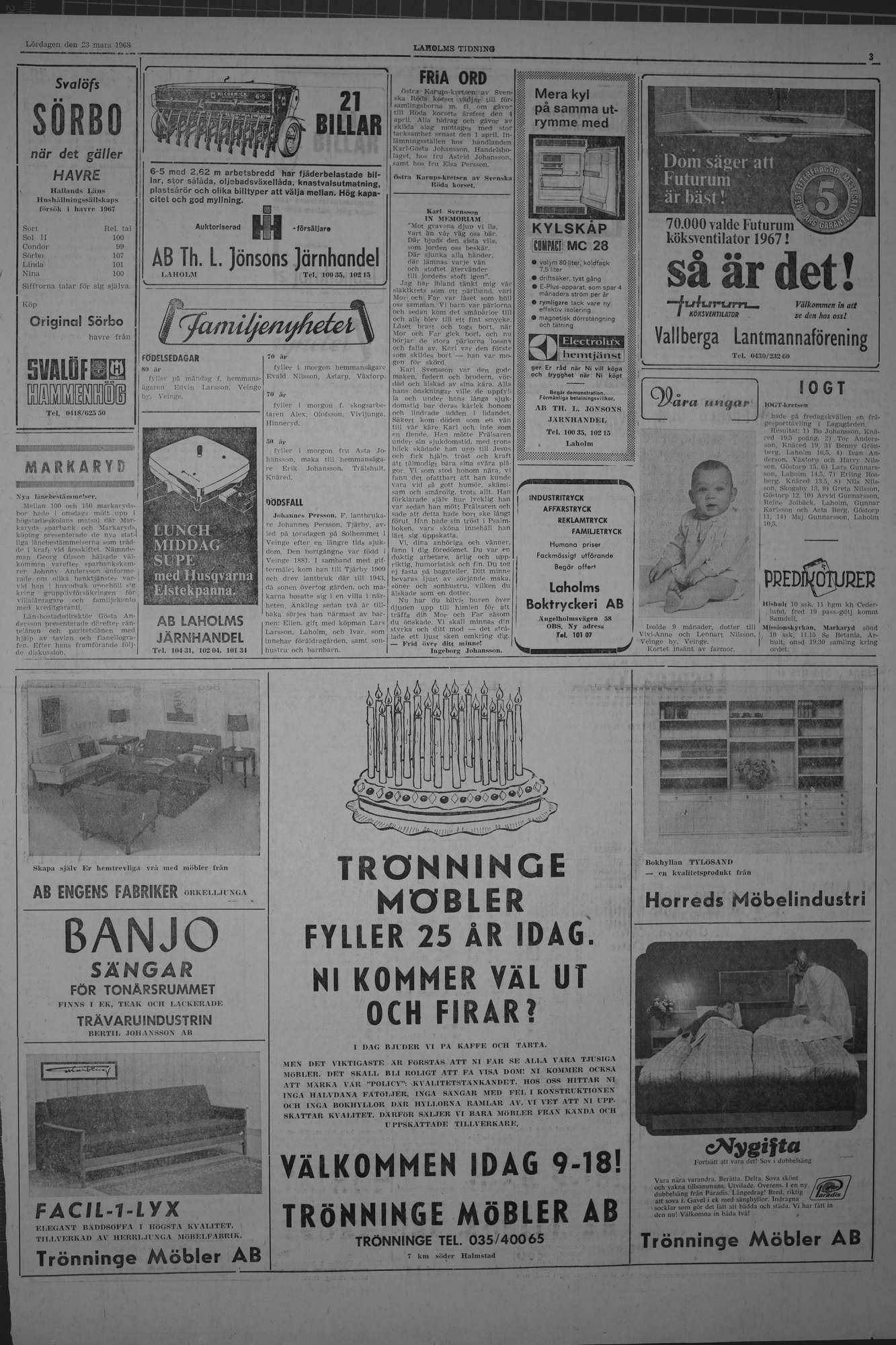 Laholms Tidning Lördag 23 mars 1968, sida 3