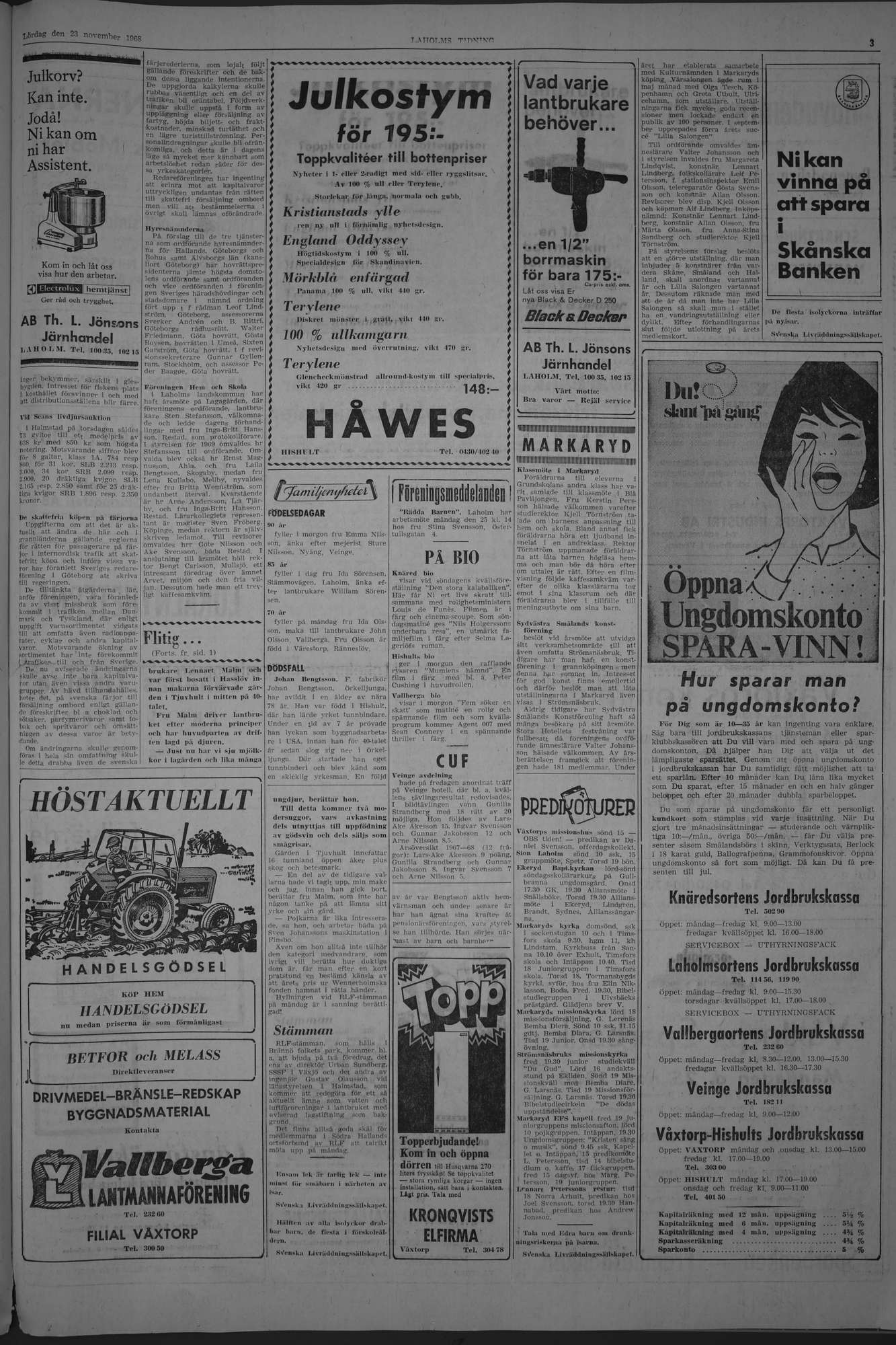 Laholms Tidning Lördag 23 november 1968, sida 3