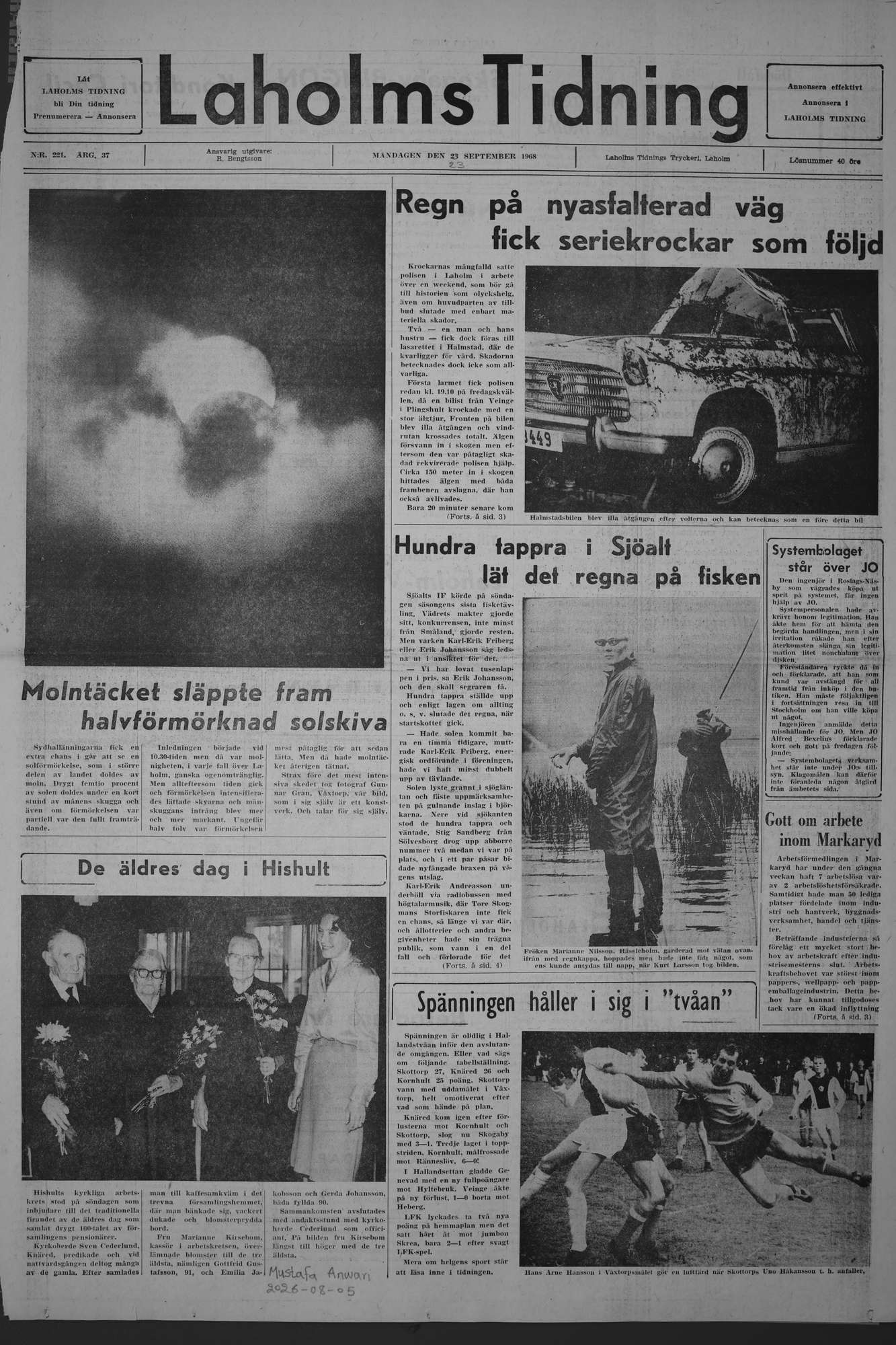 Laholms Tidning Måndag 23 september 1968, sida 1