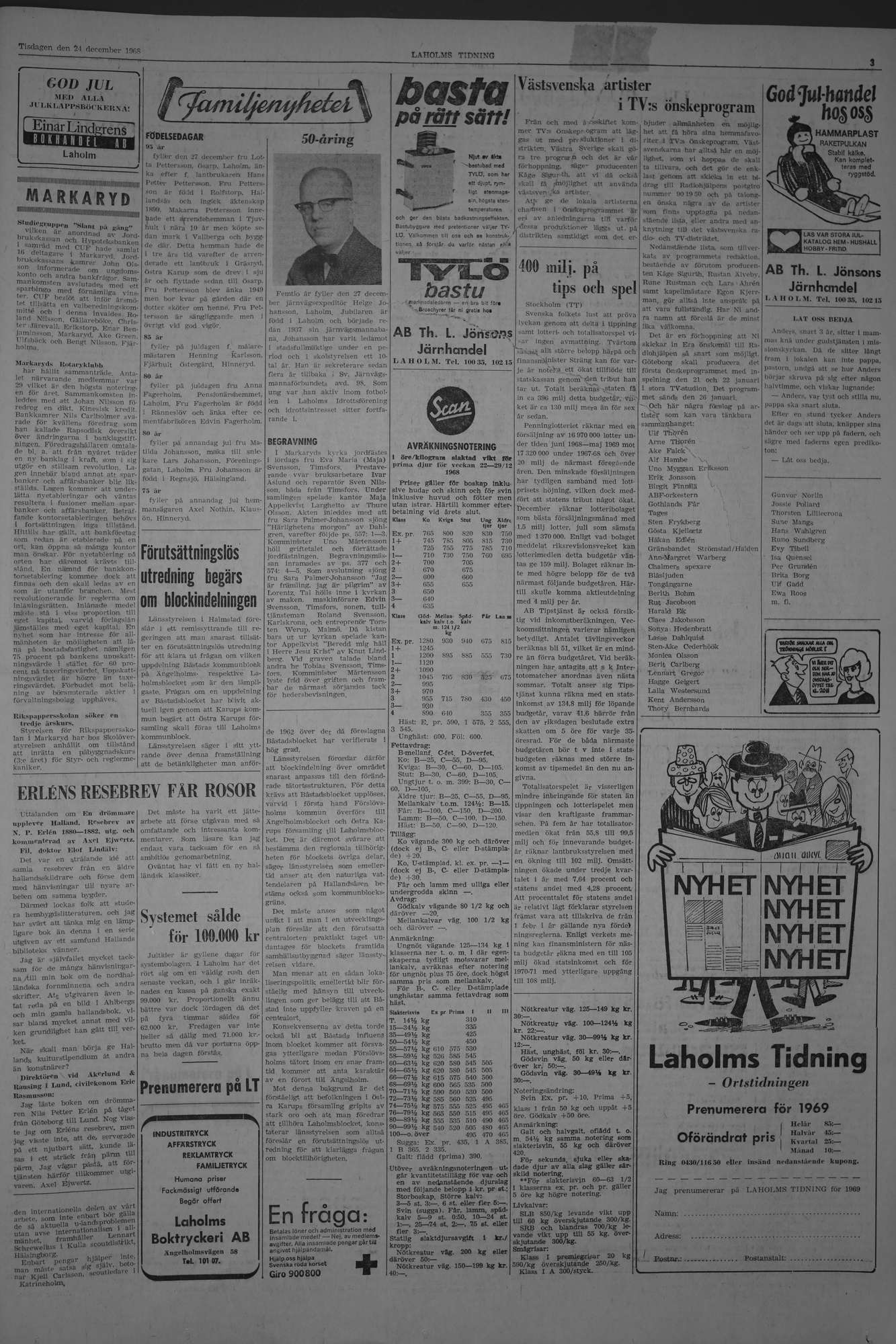 Laholms Tidning Tisdag 24 december 1968, sida 3