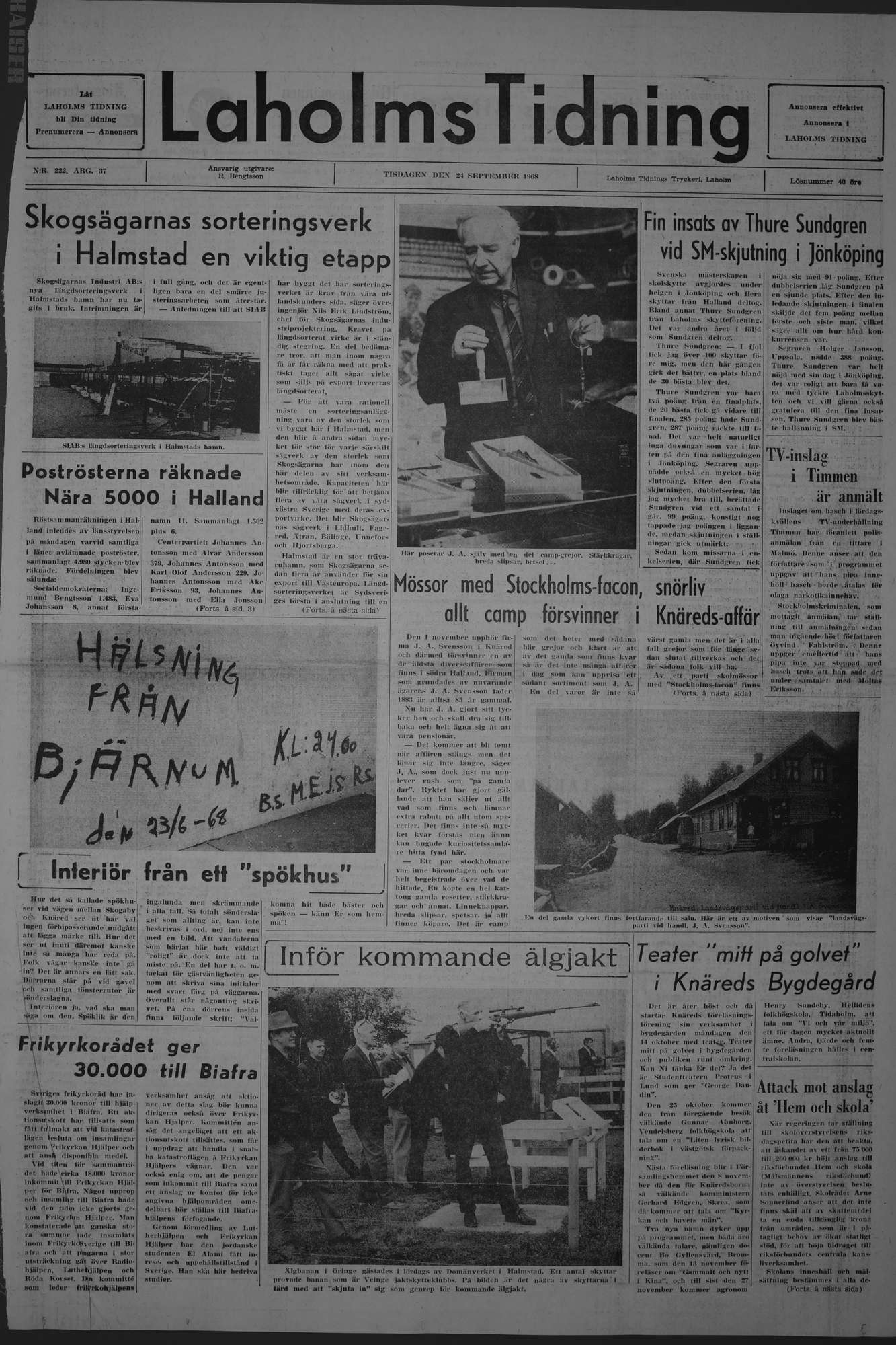 Laholms Tidning Tisdag 24 september 1968, sida 1