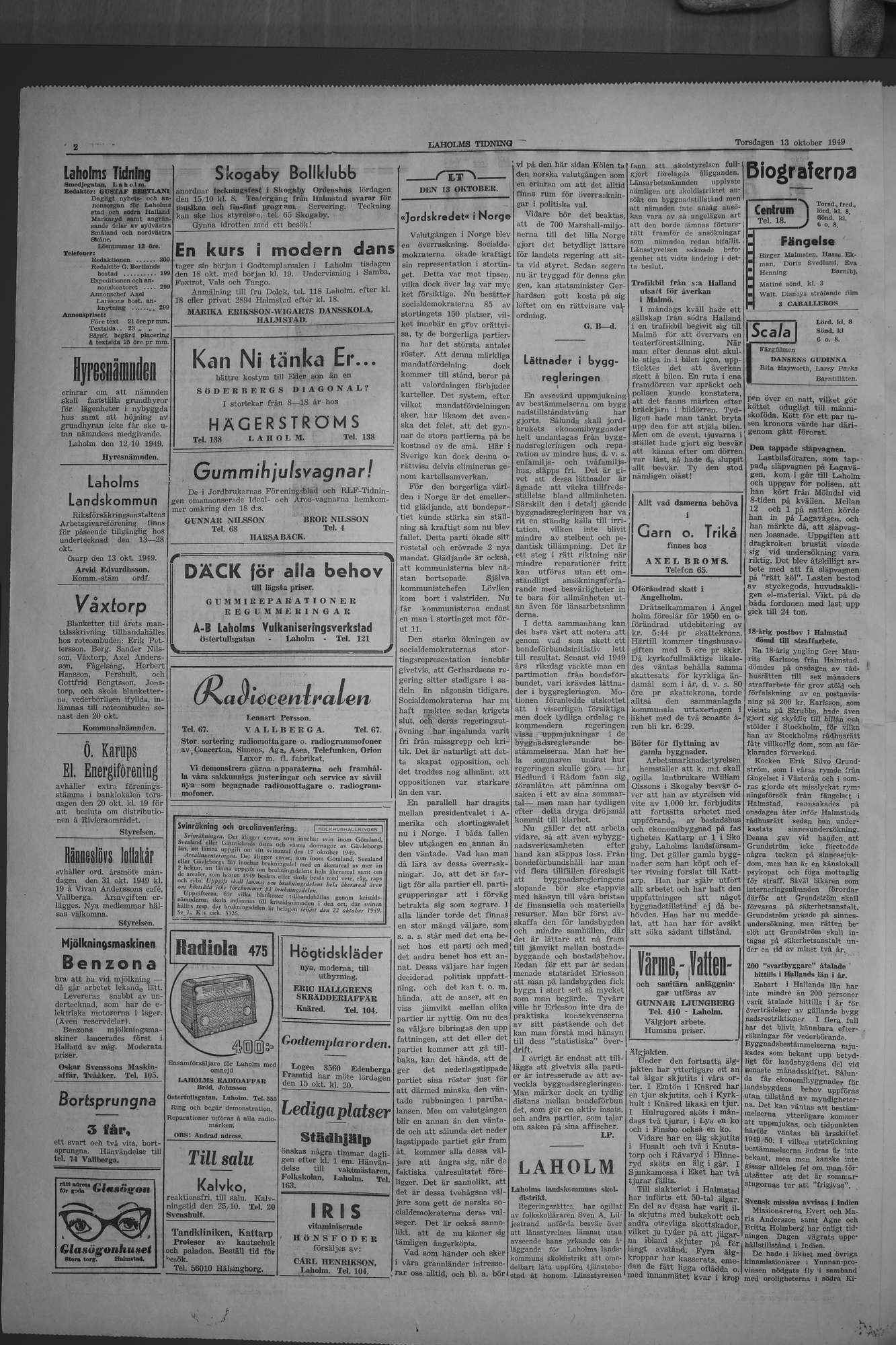 Laholms Tidning Torsdag 13 oktober 1949, sida 2