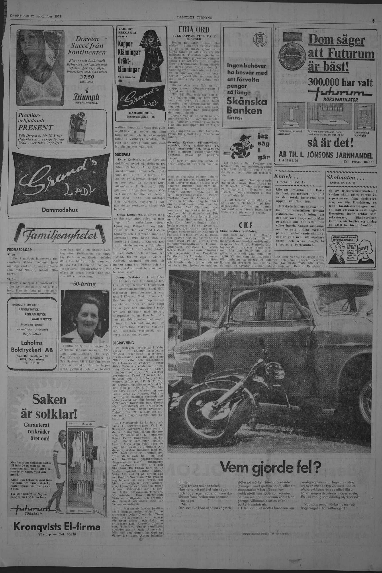 Laholms Tidning Onsdag 25 september 1968, sida 3
