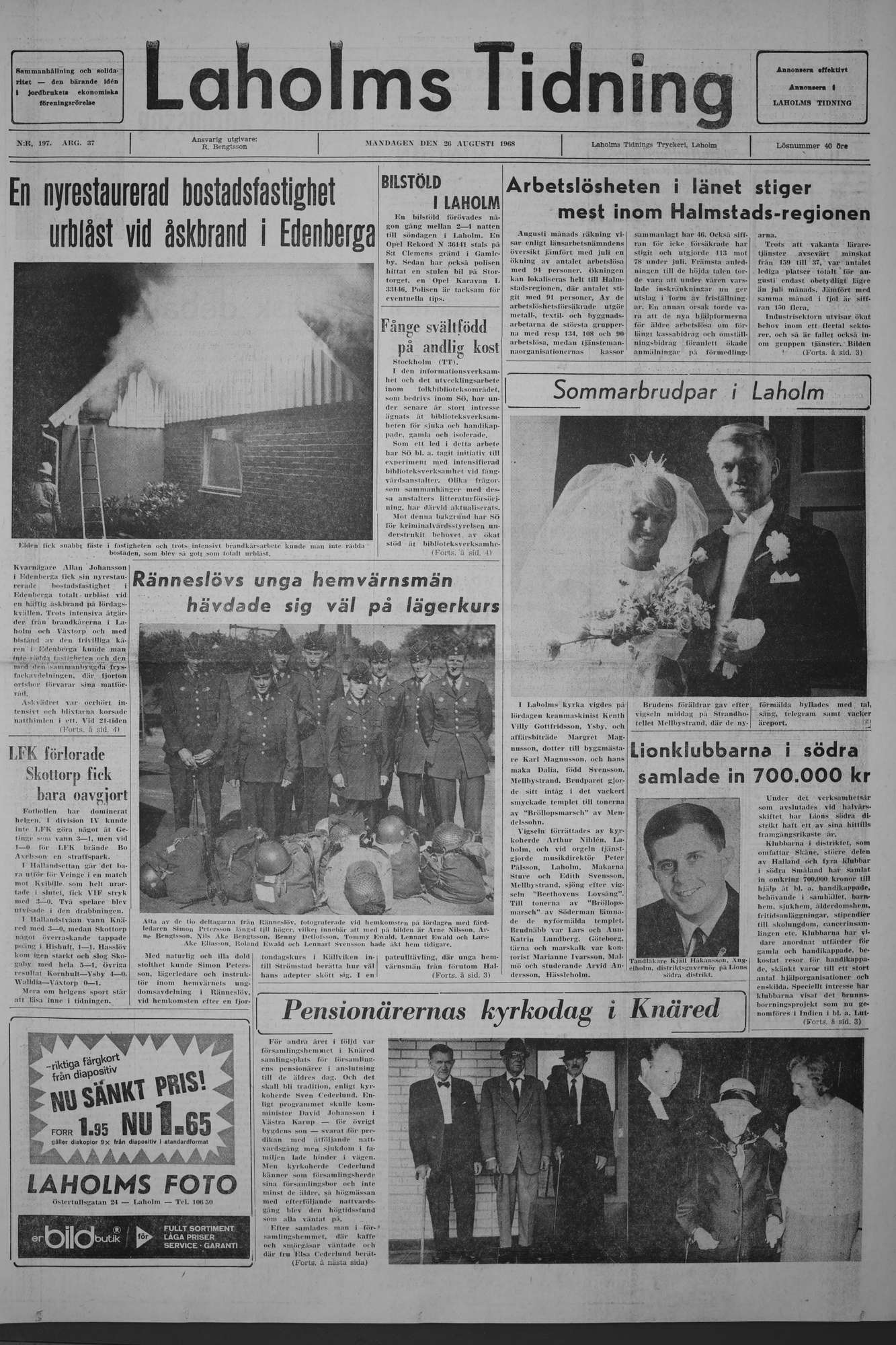 Laholms Tidning Måndag 26 augusti 1968, sida 1