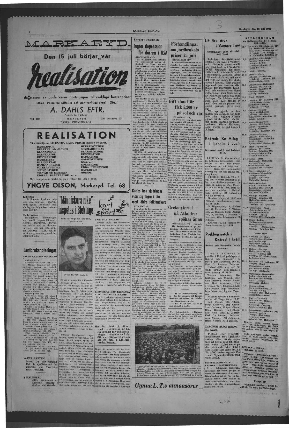 Laholms Tidning Onsdag 13 juli 1949, sida 4