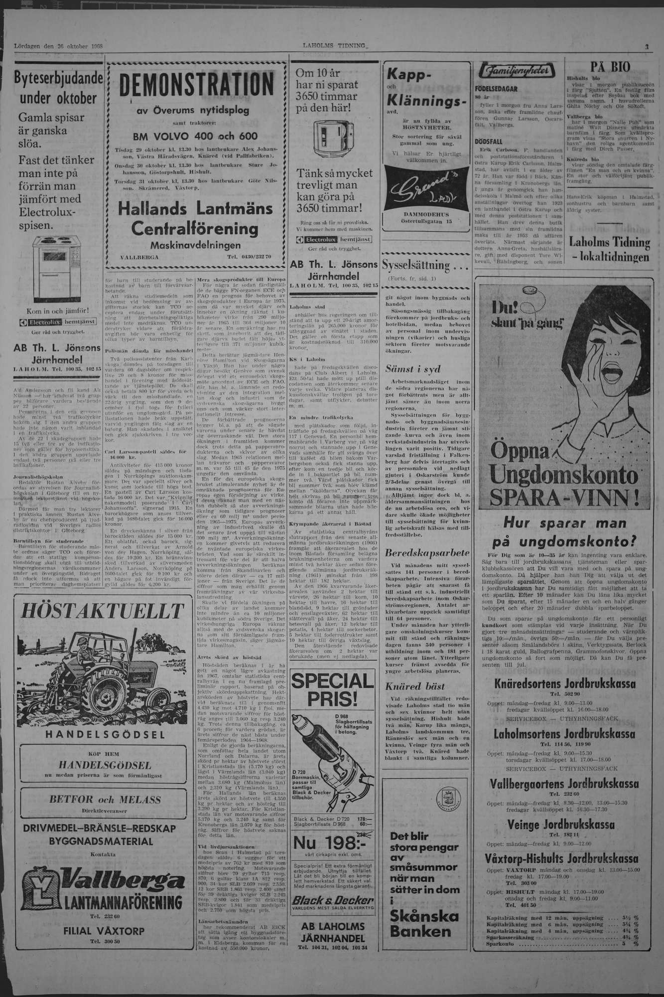 Laholms Tidning Lördag 26 oktober 1968, sida 3