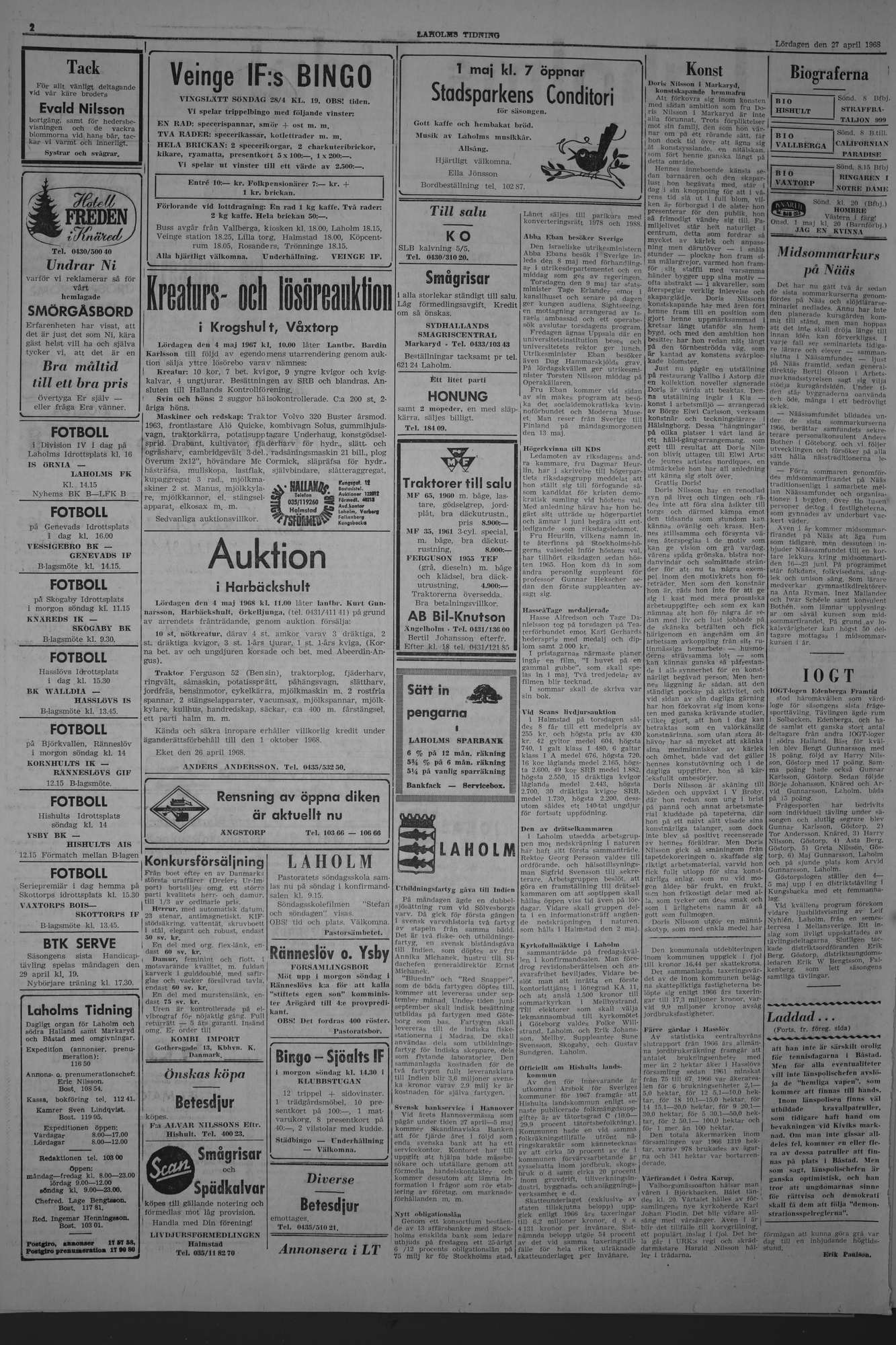 Laholms Tidning Lördag 27 april 1968, sida 2