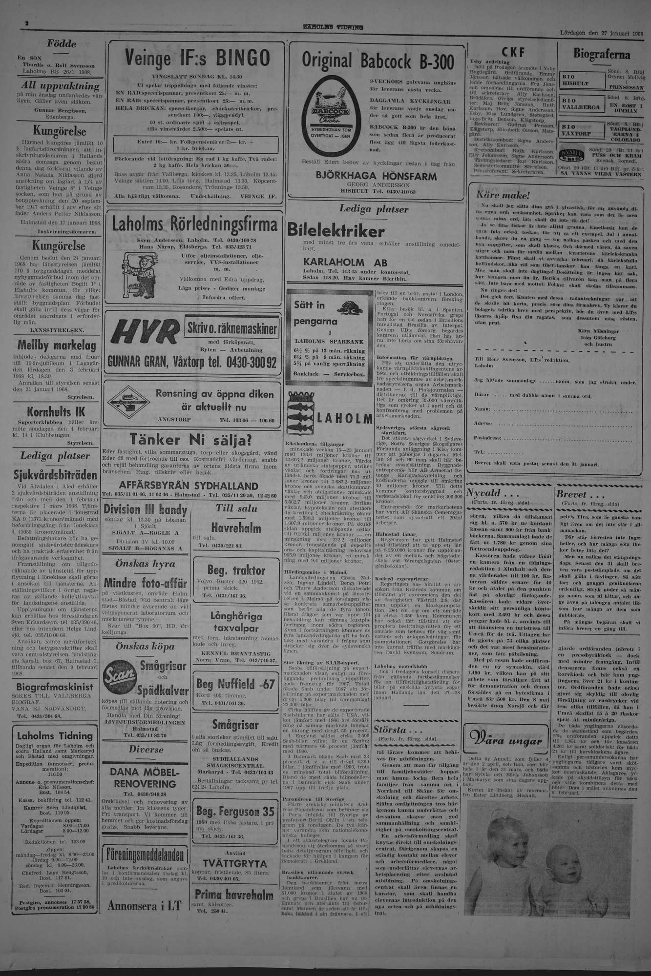 Laholms Tidning Lördag 27 januari 1968, sida 2