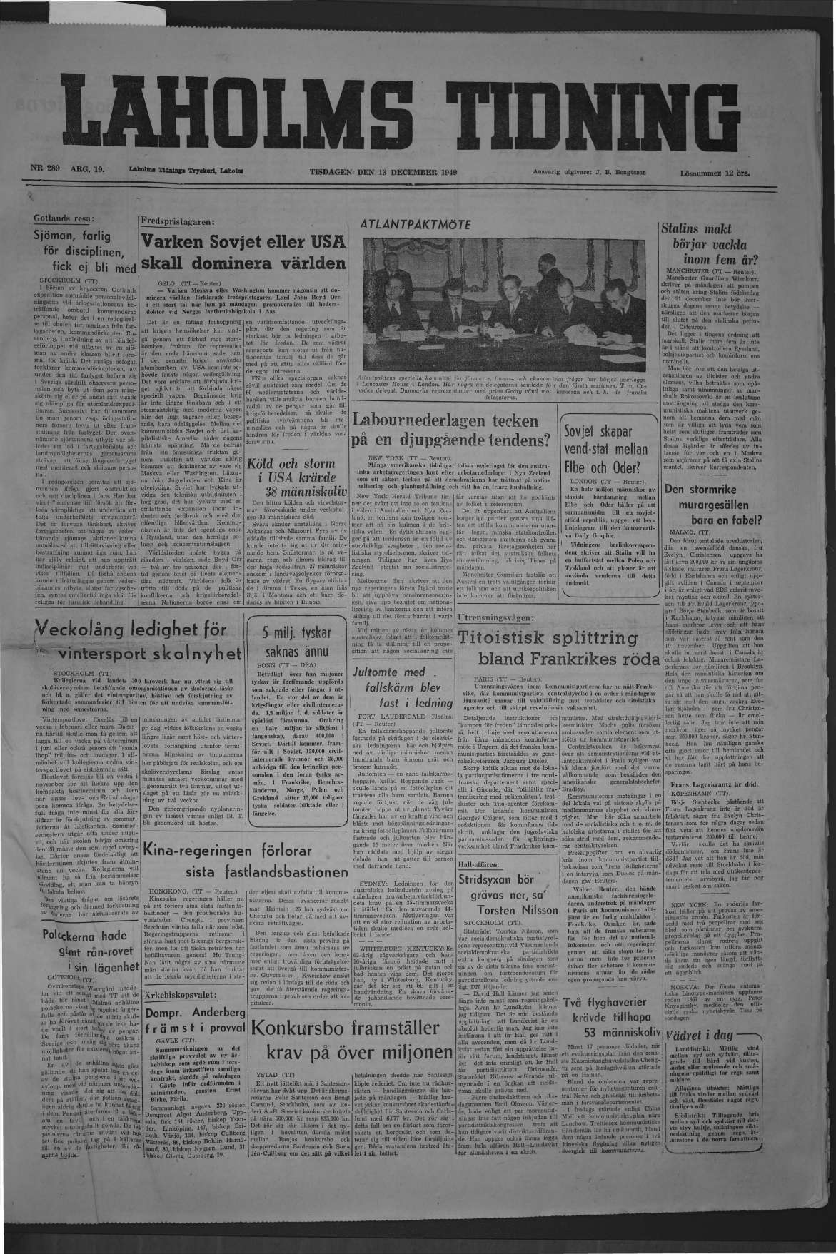 Laholms Tidning Tisdag 13 december 1949, sida 1