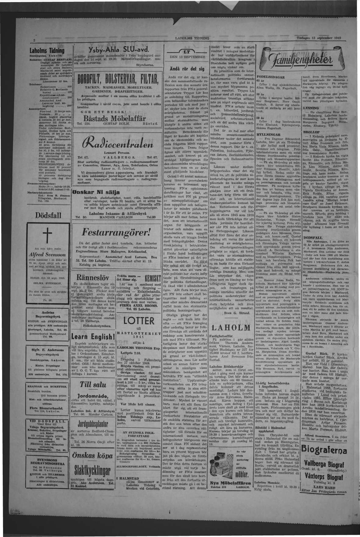 Laholms Tidning Tisdag 13 september 1949, sida 2
