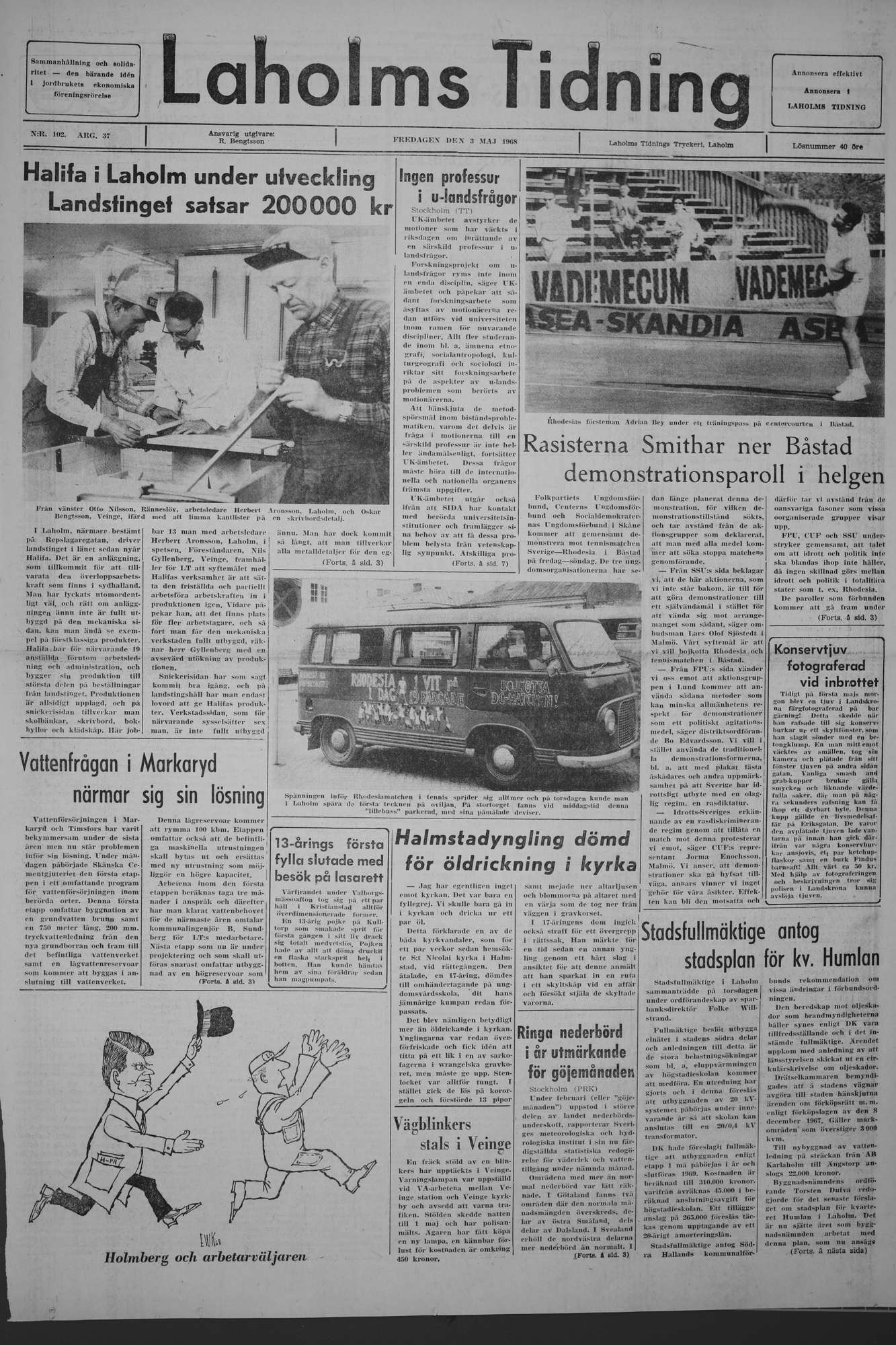 Laholms Tidning Fredag 3 maj 1968, sida 1