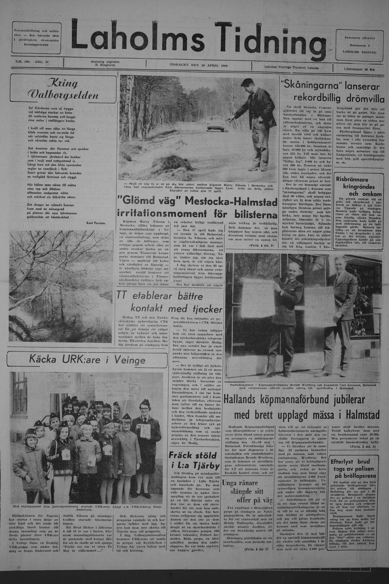 Laholms Tidning Tisdag 30 april 1968, sida 1