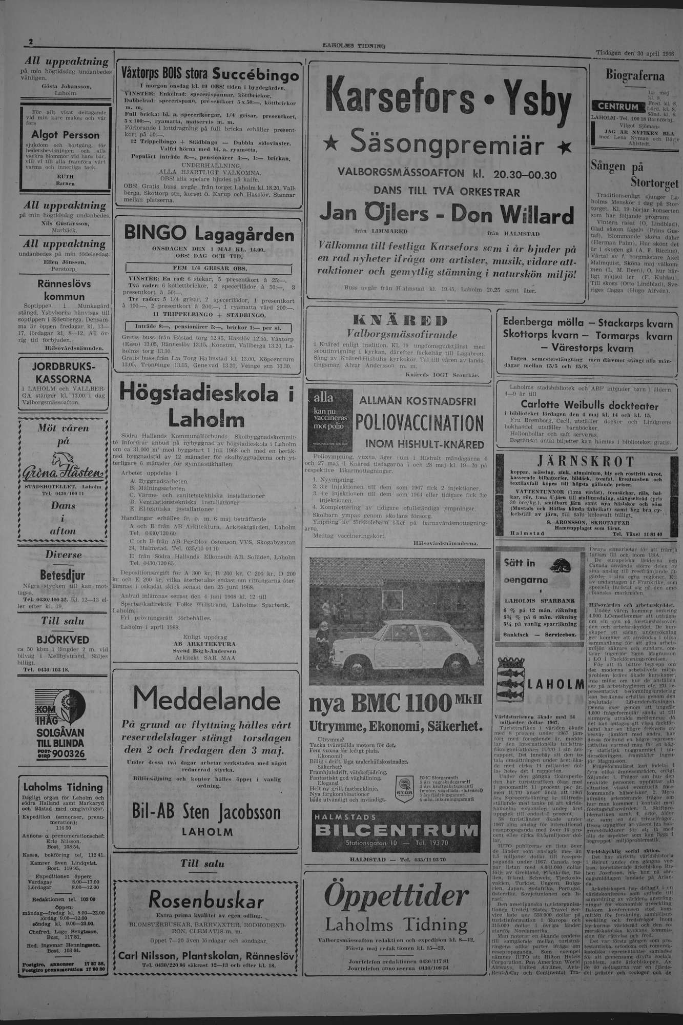 Laholms Tidning Tisdag 30 april 1968, sida 2