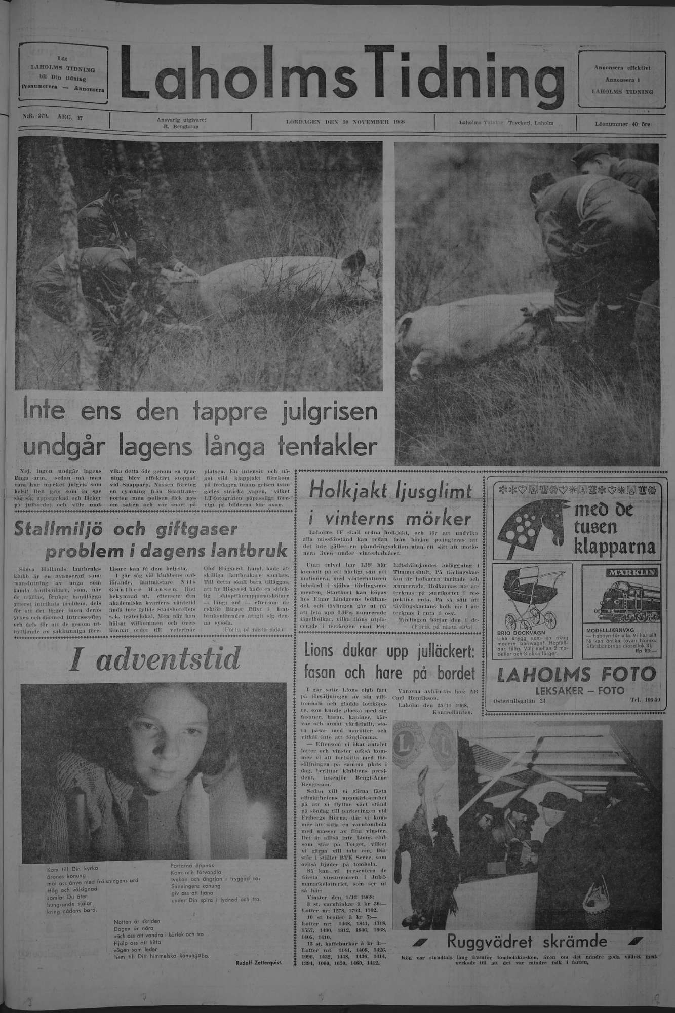 Laholms Tidning Lördag 30 november 1968, sida 1