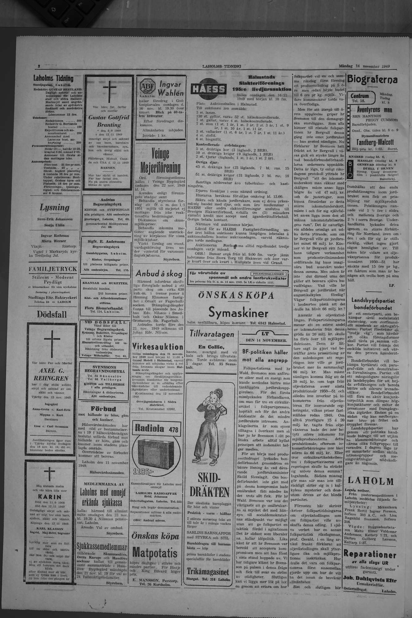 Laholms Tidning Måndag 14 november 1949, sida 2