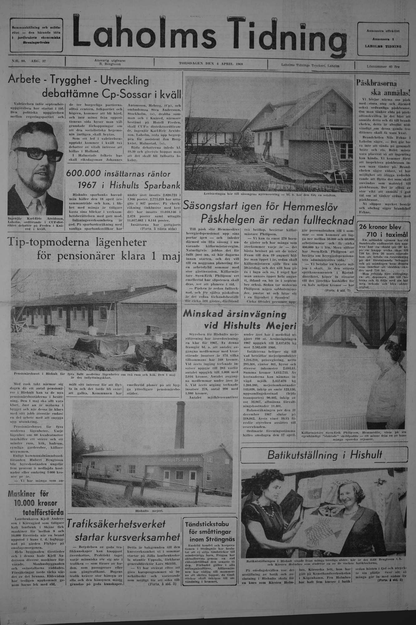 Laholms Tidning Torsdag 4 april 1968, sida 1