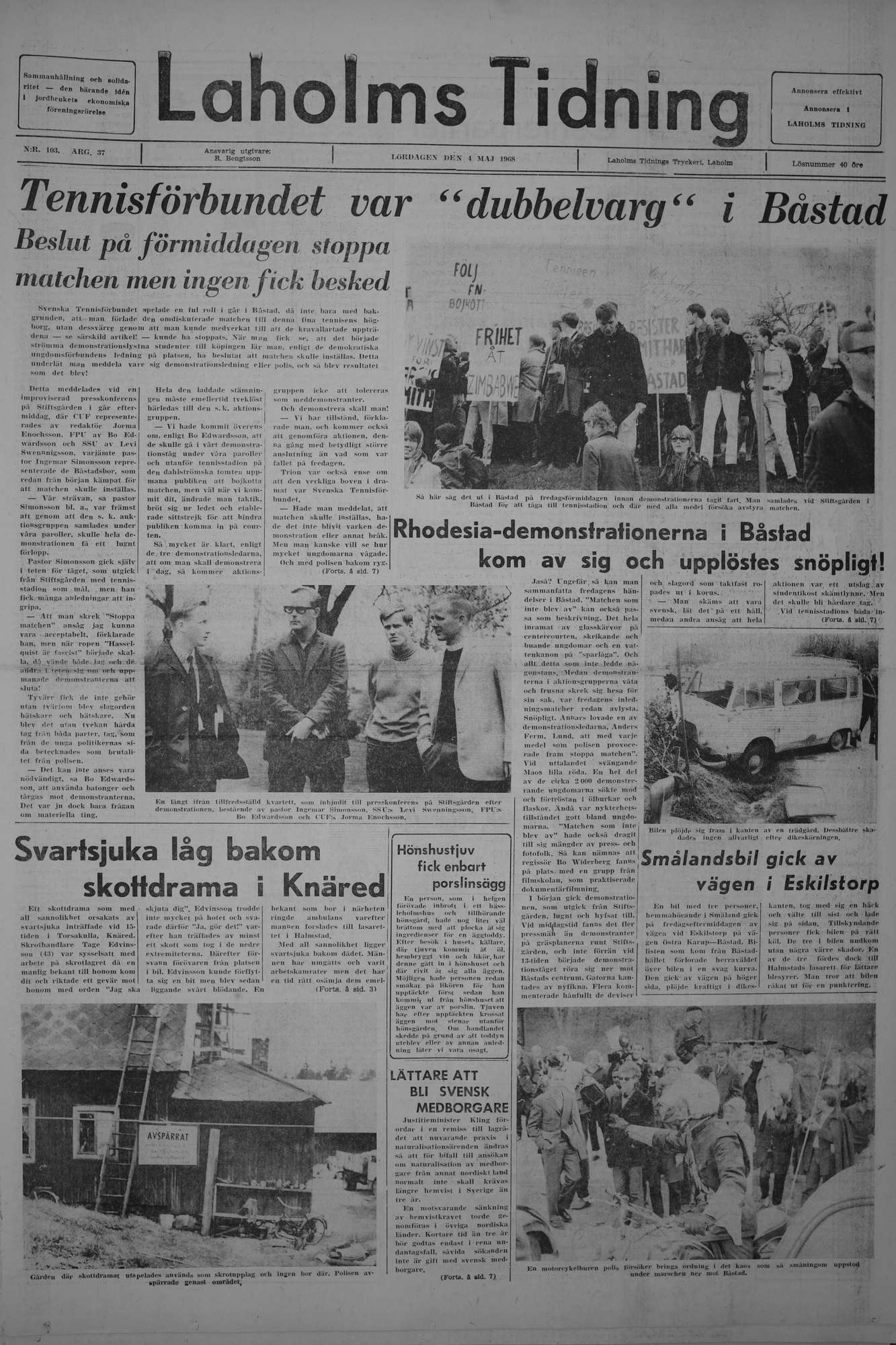 Laholms Tidning Lördag 4 maj 1968, sida 1
