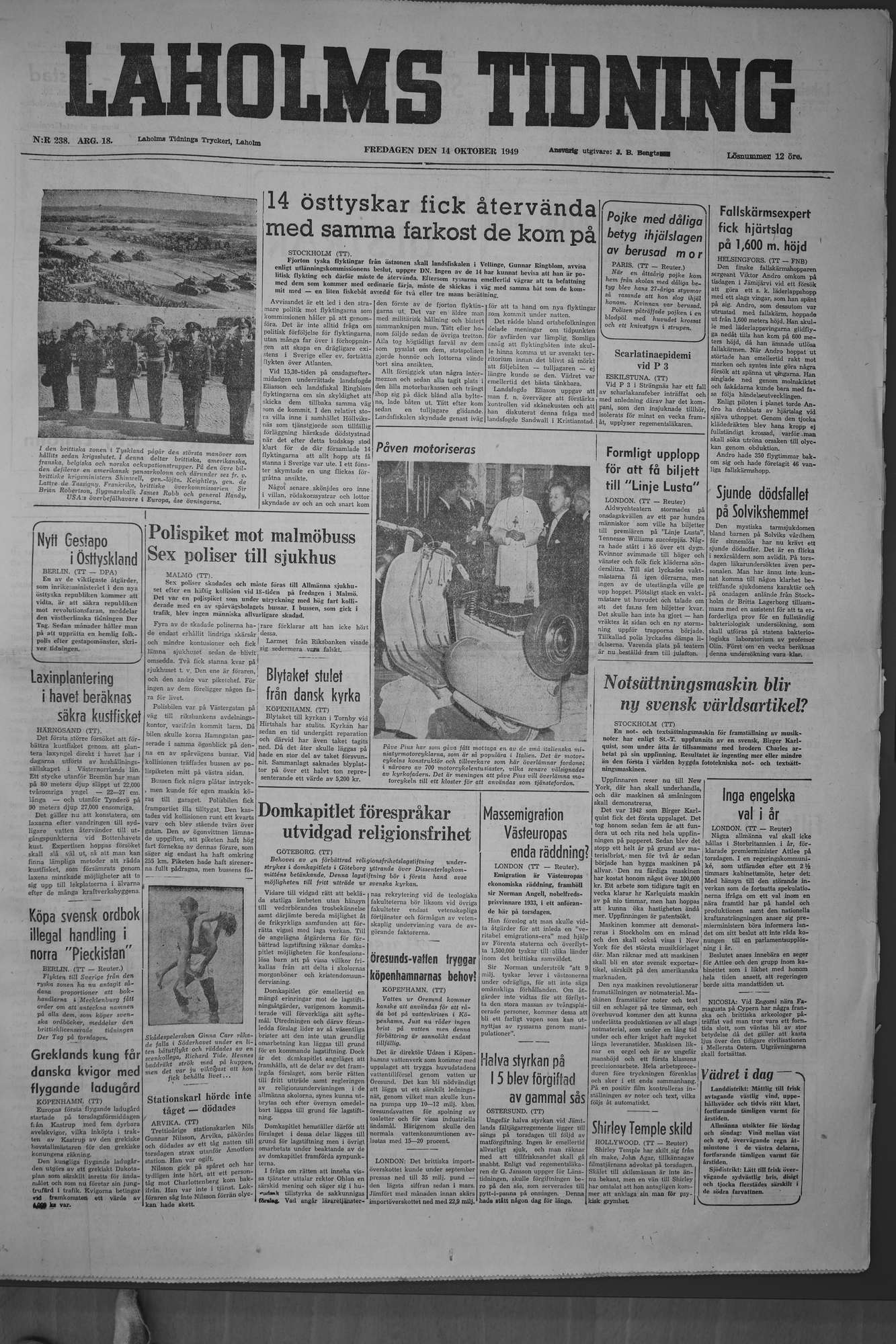 Laholms Tidning Fredag 14 oktober 1949, sida 1