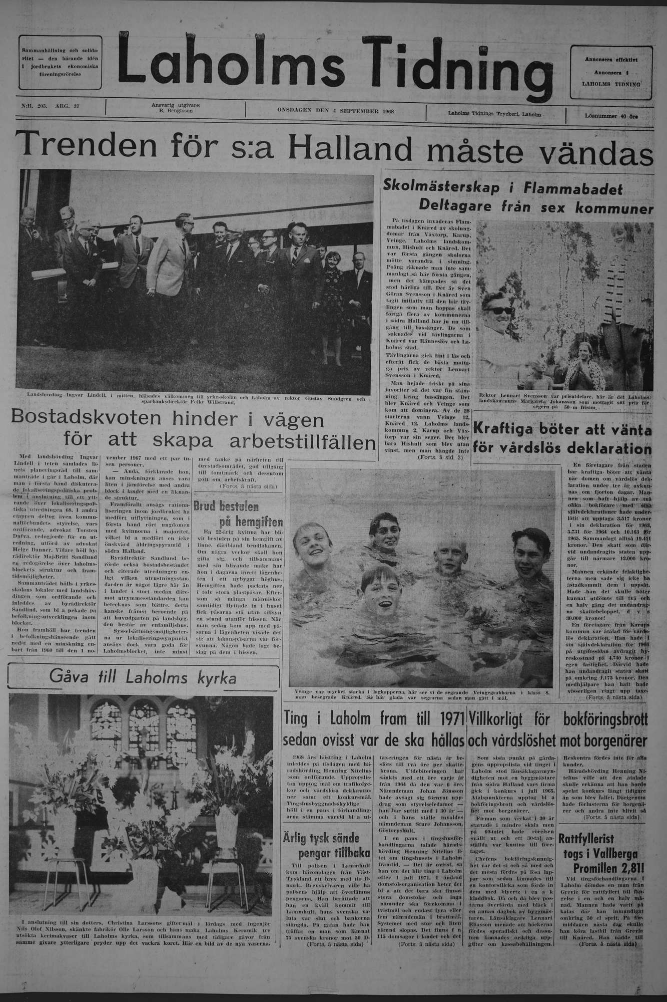 Laholms Tidning Onsdag 4 september 1968, sida 1