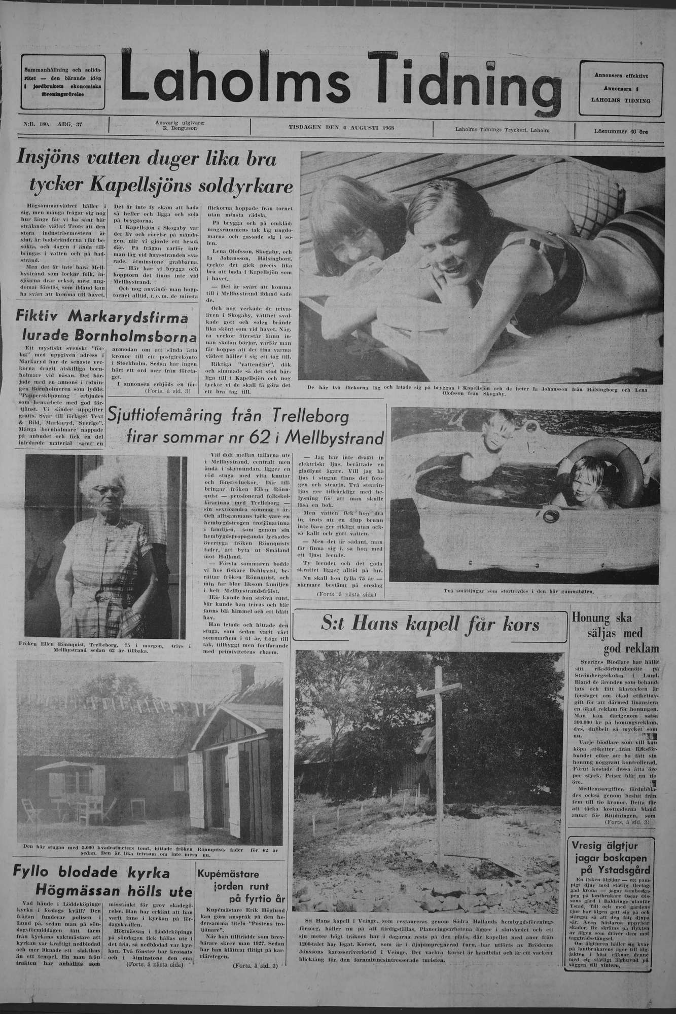 Laholms Tidning Tisdag 6 augusti 1968, sida 1
