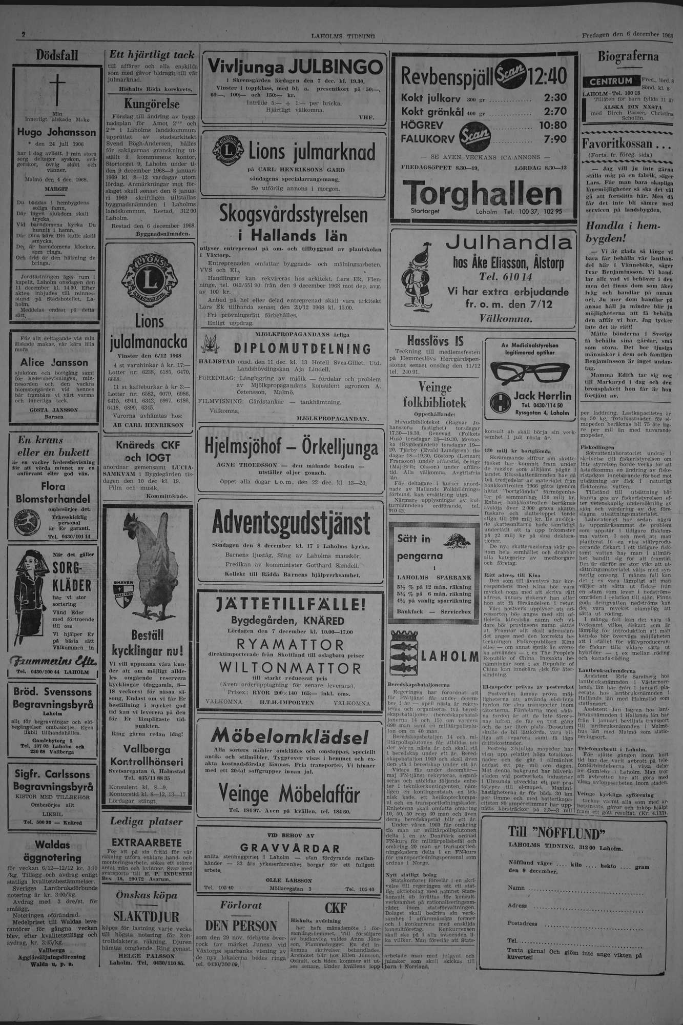 Laholms Tidning Fredag 6 december 1968, sida 2