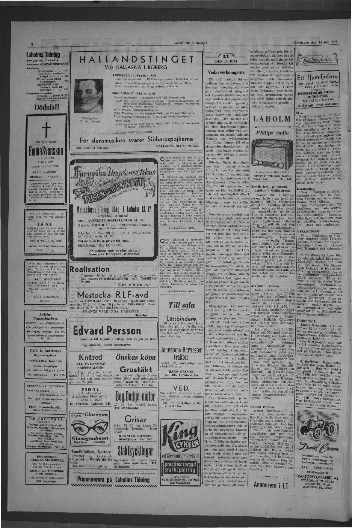 Laholms Tidning Torsdag 14 juli 1949, sida 2